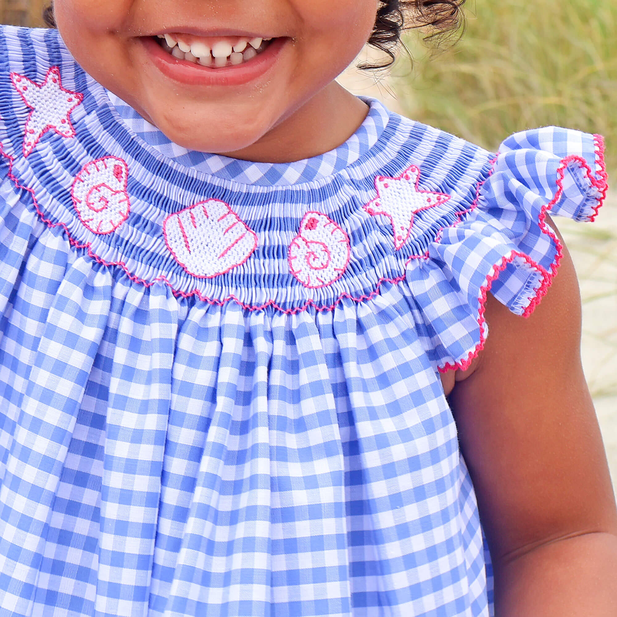 Seashell Smocked Blue Gingham Dress - Image 2