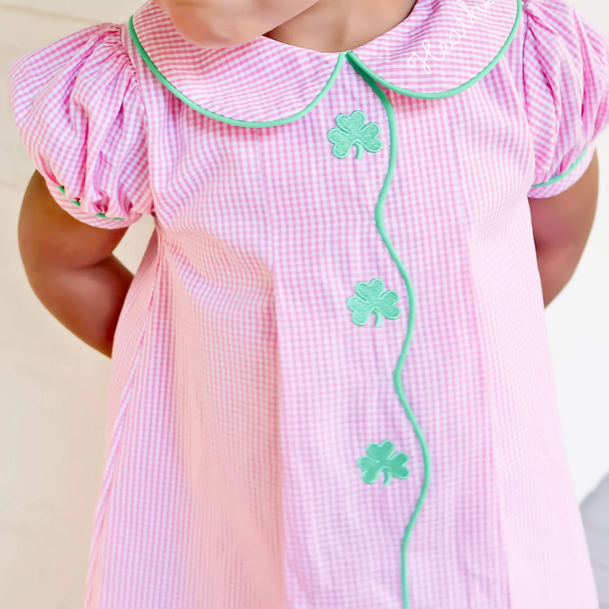 Shamrock Embroidered Pink Gingham Jane Dress - Image 3