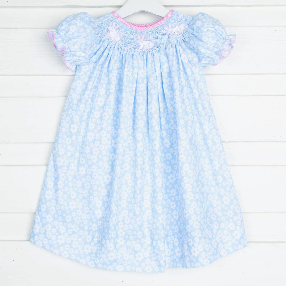 Side Bunny Smocked Blue Daisy Dress - Image 2