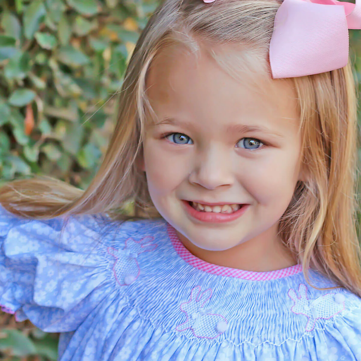 Side Bunny Smocked Blue Daisy Dress - Image 3