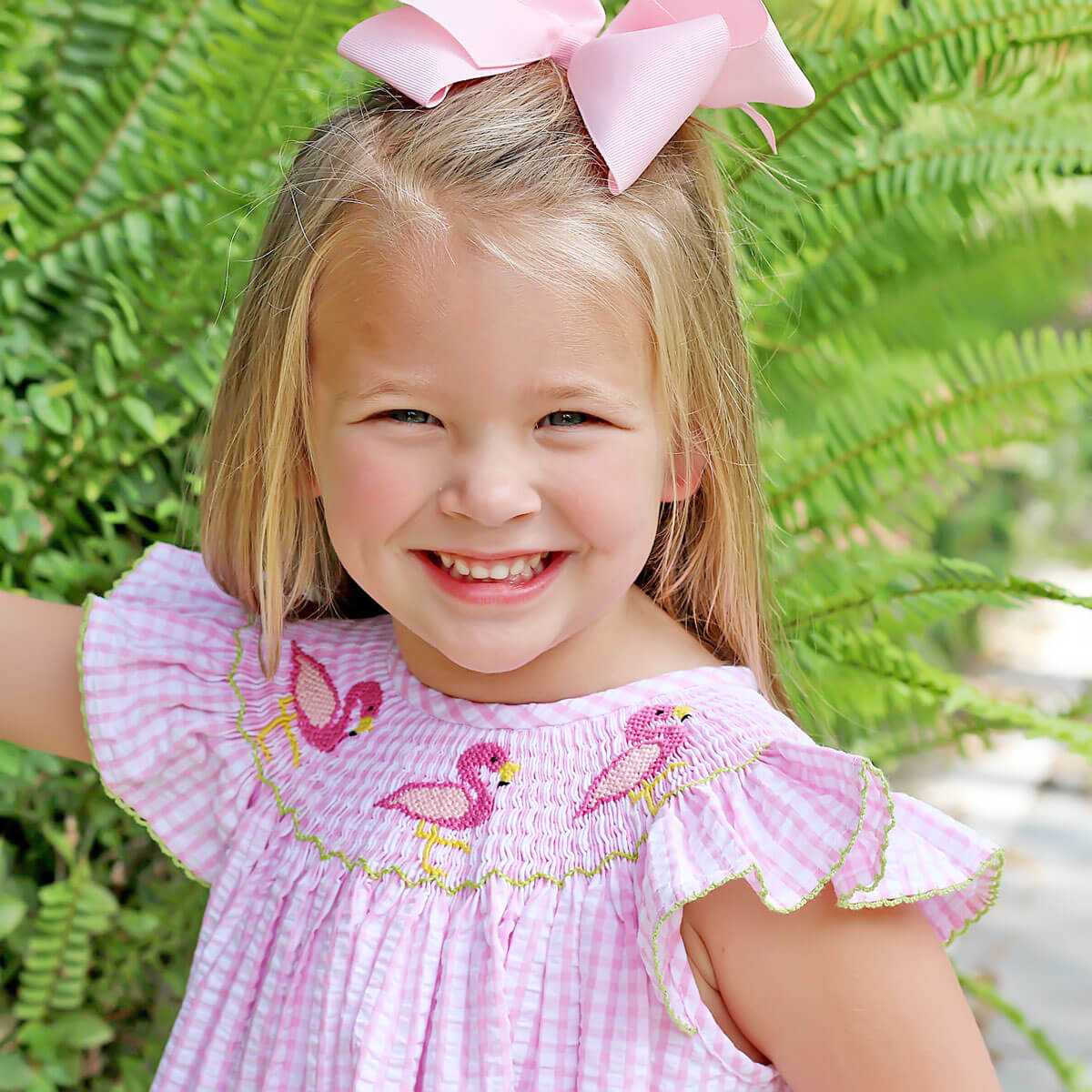 Flamingo Smocked Pink Gingham Dress - Image 3
