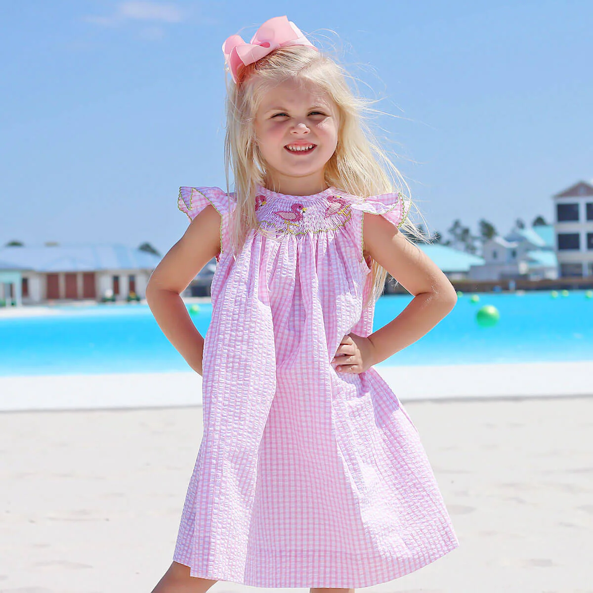 Flamingo Smocked Pink Gingham Dress - Image 5