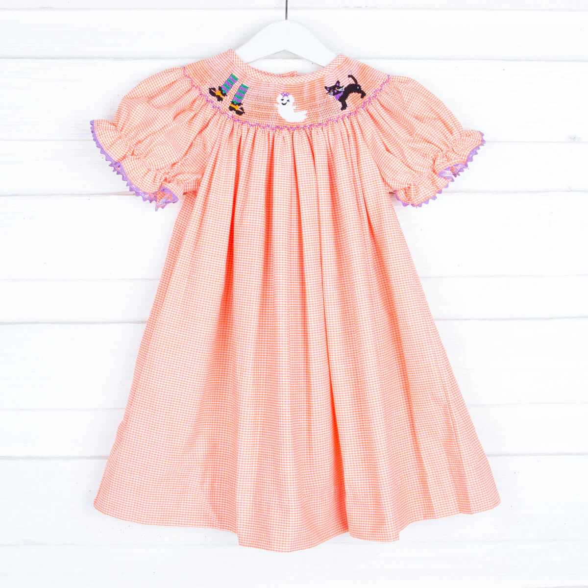 Smocked Halloween Orange Gingham Dress - Image 2