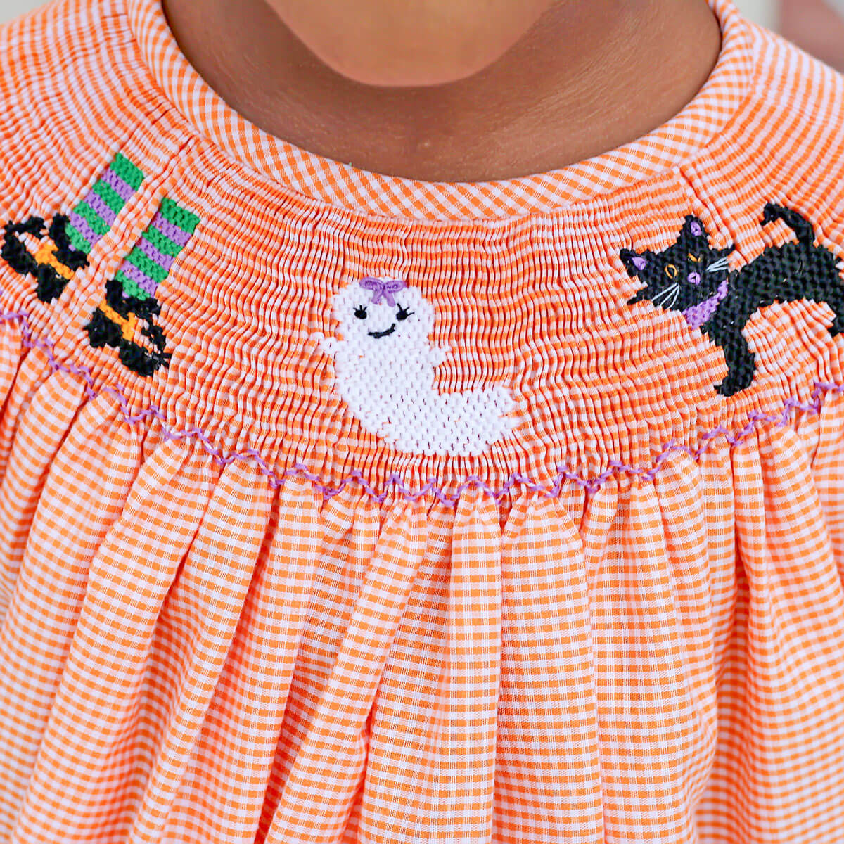 Smocked Halloween Orange Gingham Dress - Image 3