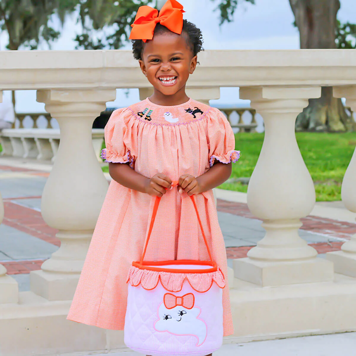Smocked Halloween Orange Gingham Dress - Image 4