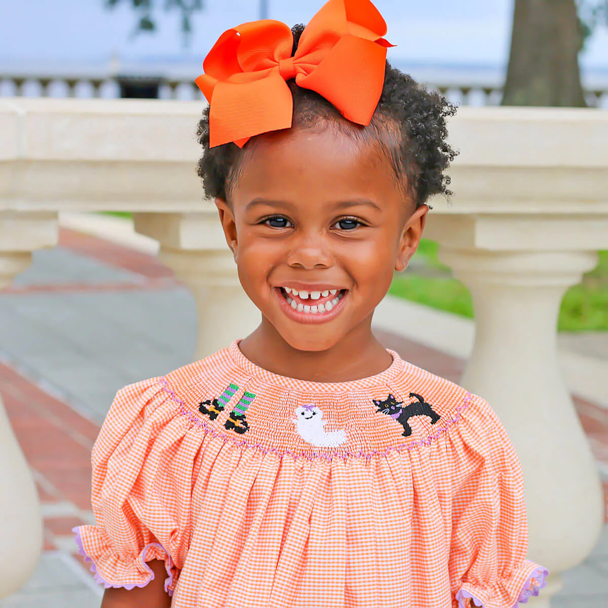 Smocked Halloween Orange Gingham Dress - Image 5