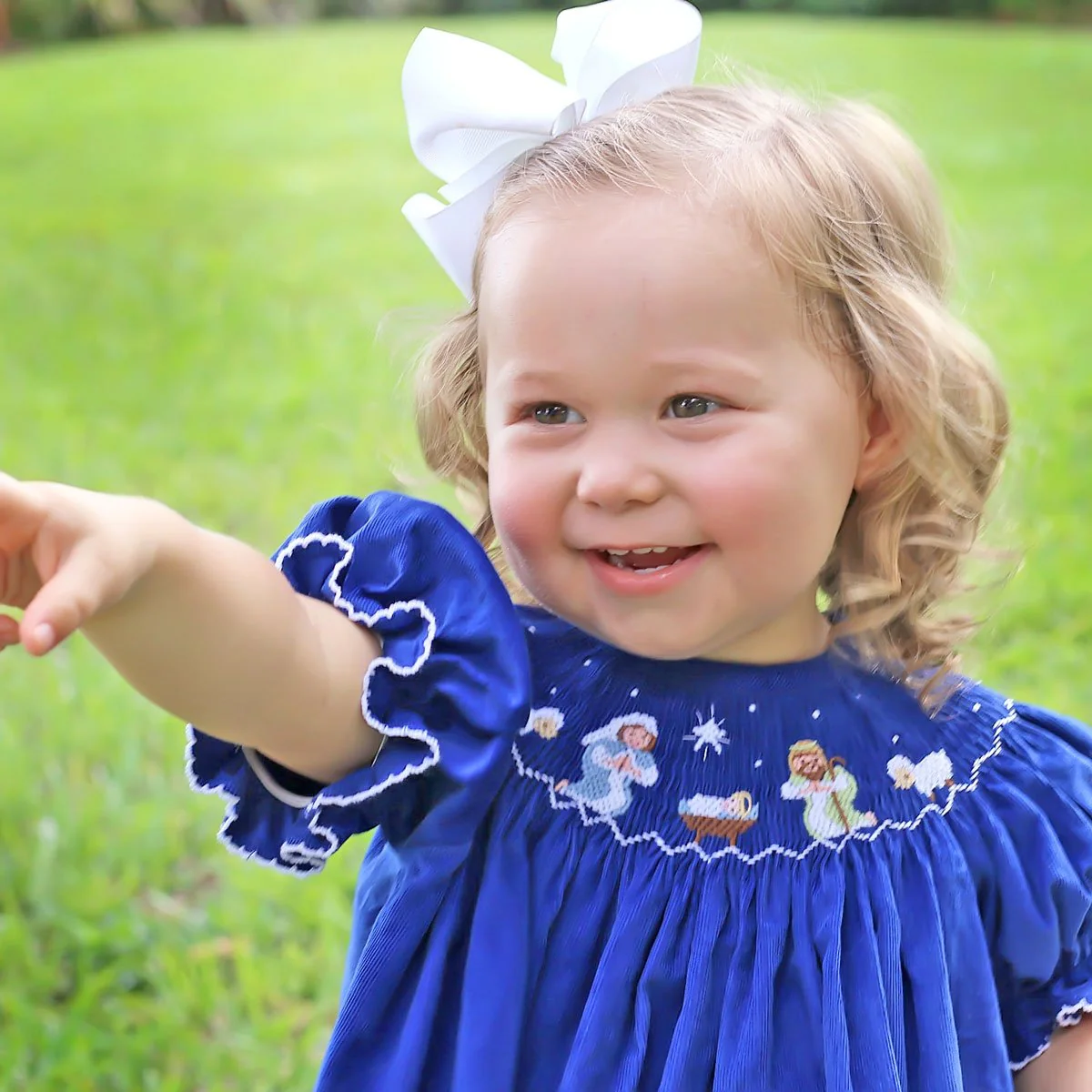 Smocked Nativity Bloomer Set Royal Blue Corduroy - Image 2