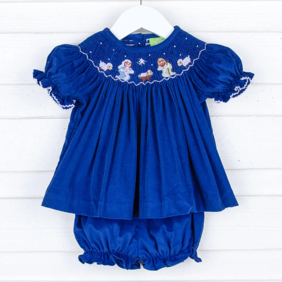 Smocked Nativity Bloomer Set Royal Blue Corduroy - Image 3