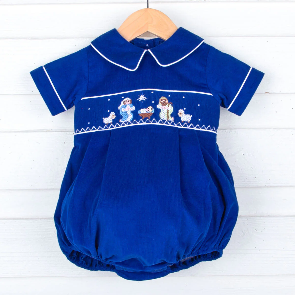 Smocked Nativity Collared Bubble Royal Blue Corduroy - Image 2