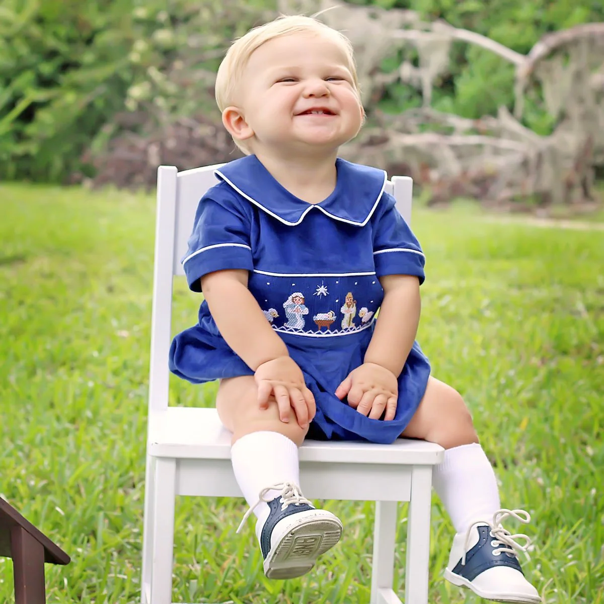 Smocked Nativity Collared Bubble Royal Blue Corduroy - Image 3