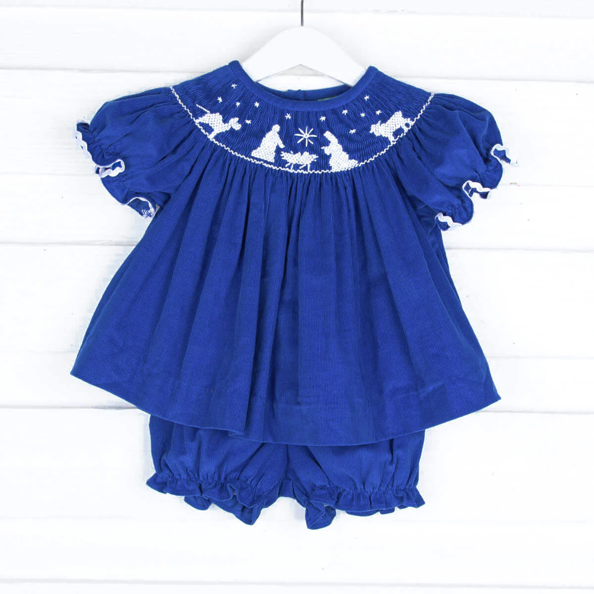 Smocked Nativity Royal Corduroy Bloomer Set - Image 2