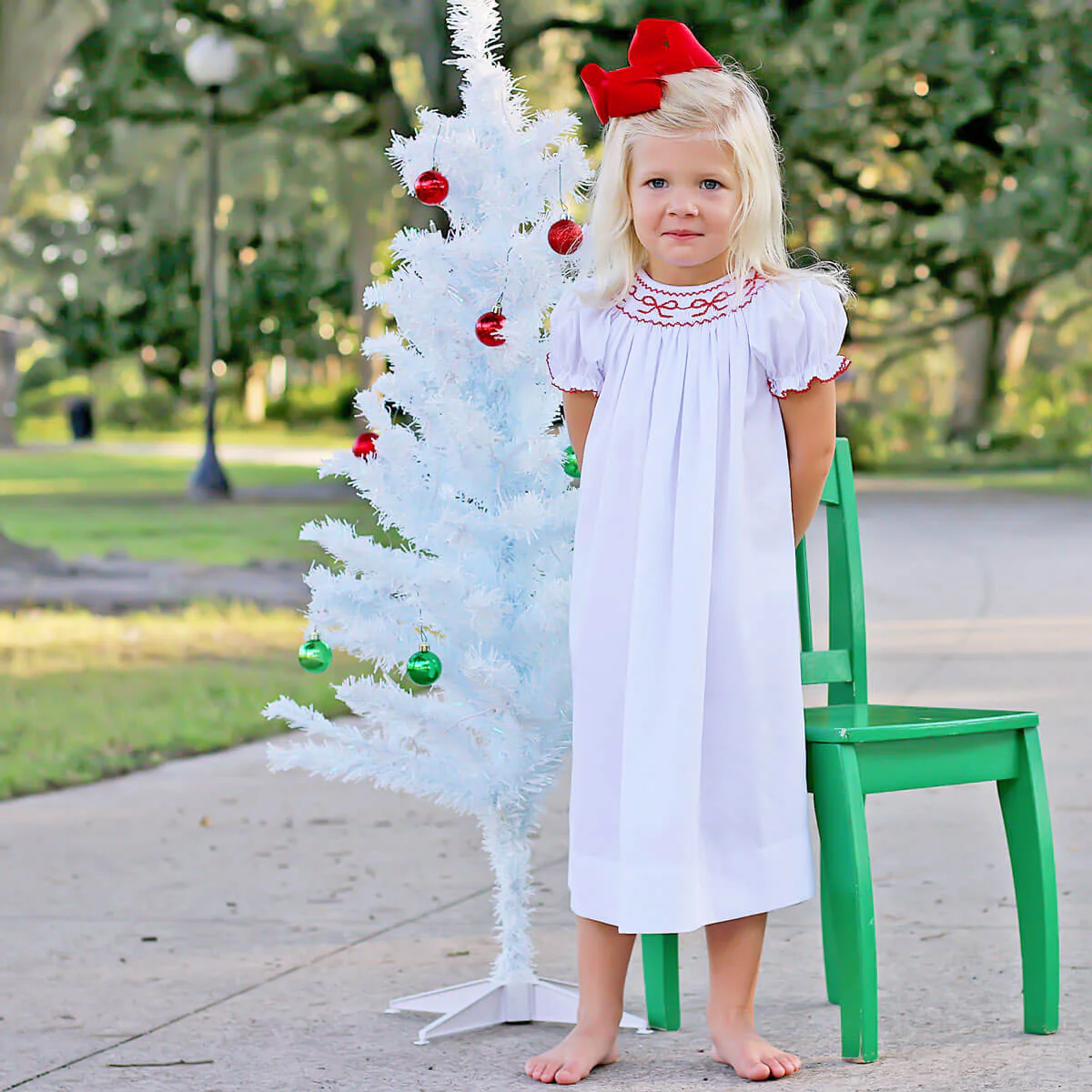 Smocked Red Bows White Dress - Image 2