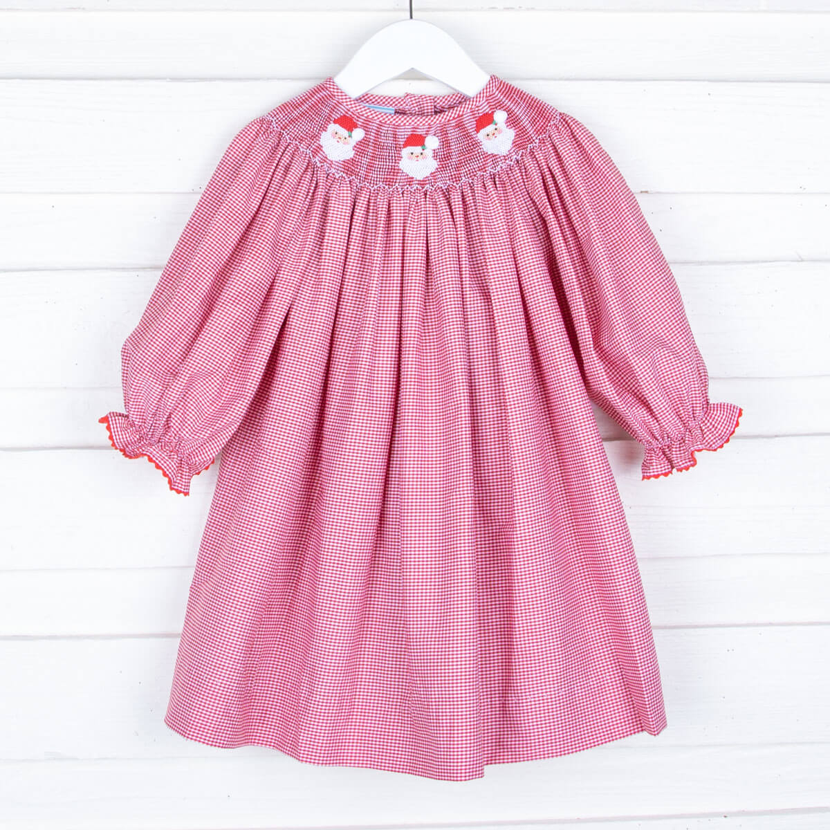 Smocked Santa Red Gingham Long Sleeve Dress