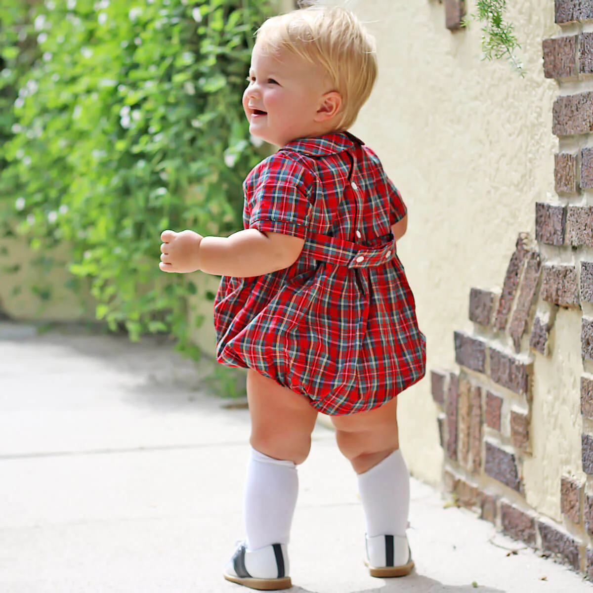 Smocked Santa Red Plaid Boy Bubble - Image 3