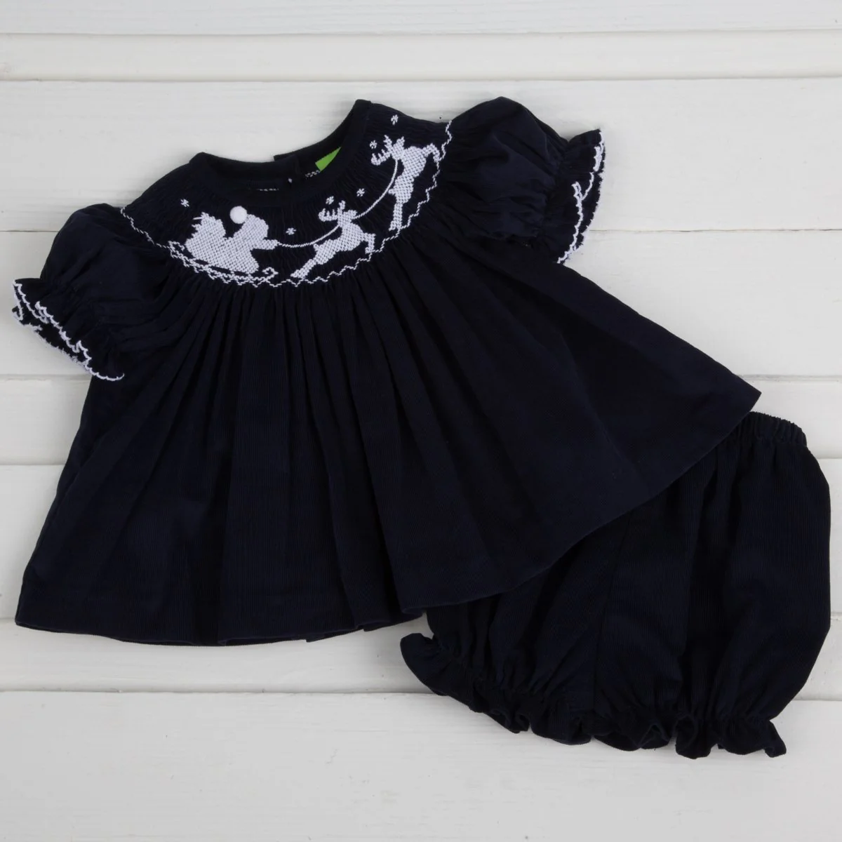 Smocked Santa Sleigh Bloomer Set Navy Corduroy - Image 2