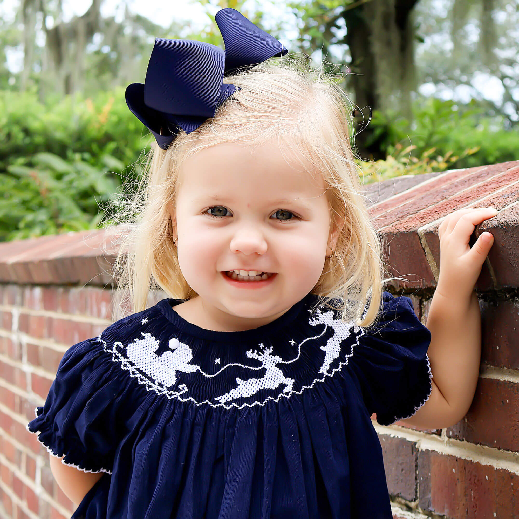 Smocked Santa Sleigh Bloomer Set Navy Corduroy - Image 3