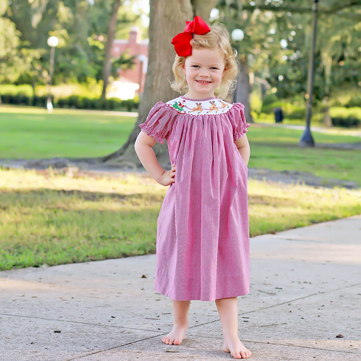Santa's Magic Smocked Red Gingham Bishop Dress - Image 3