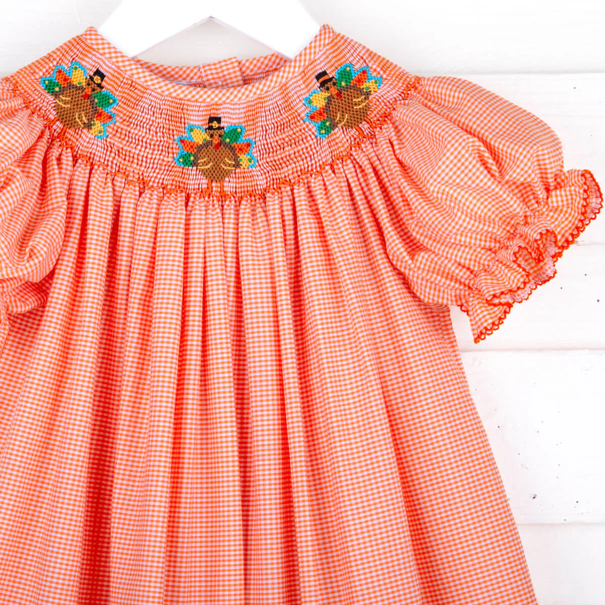 Smocked Turkey Bishop Orange Gingham - Image 4