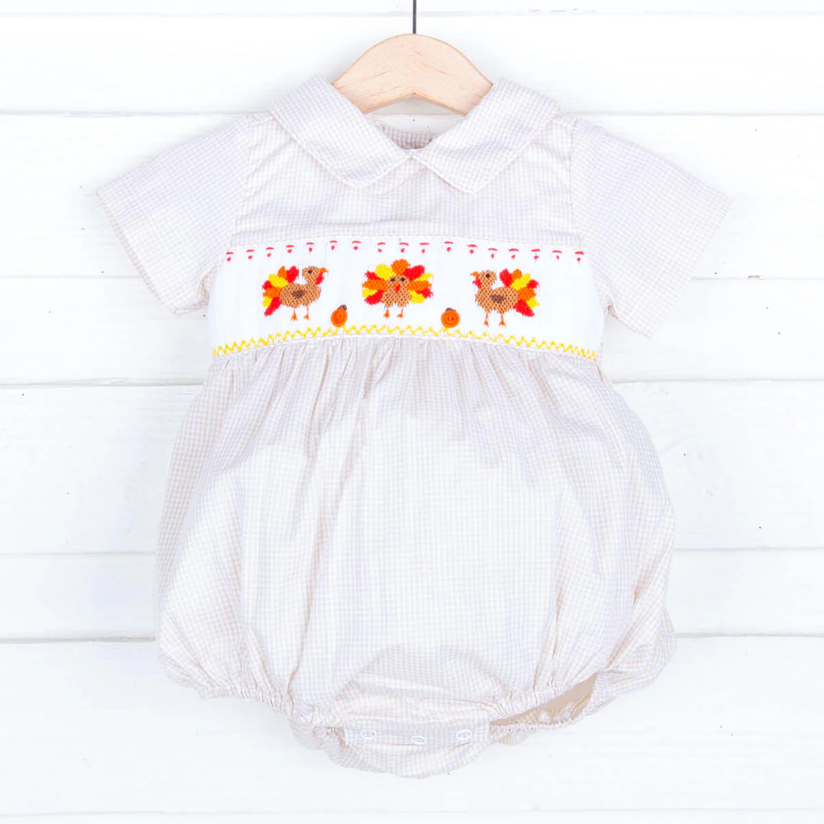 Smocked Turkey Khaki Gingham Boy Bubble - Image 2
