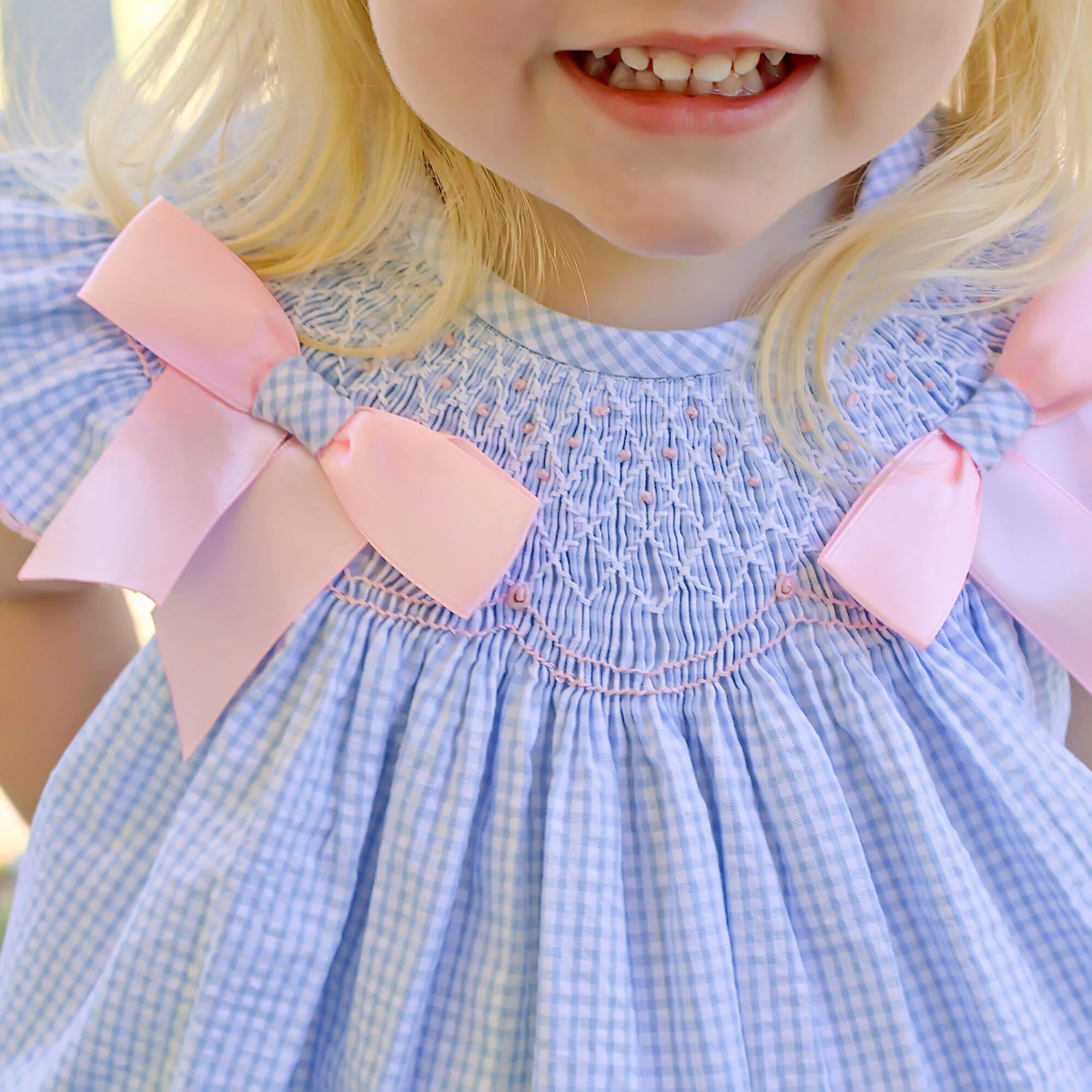 Spring In Blue Seersucker Smocked Bow Bubble - Image 3