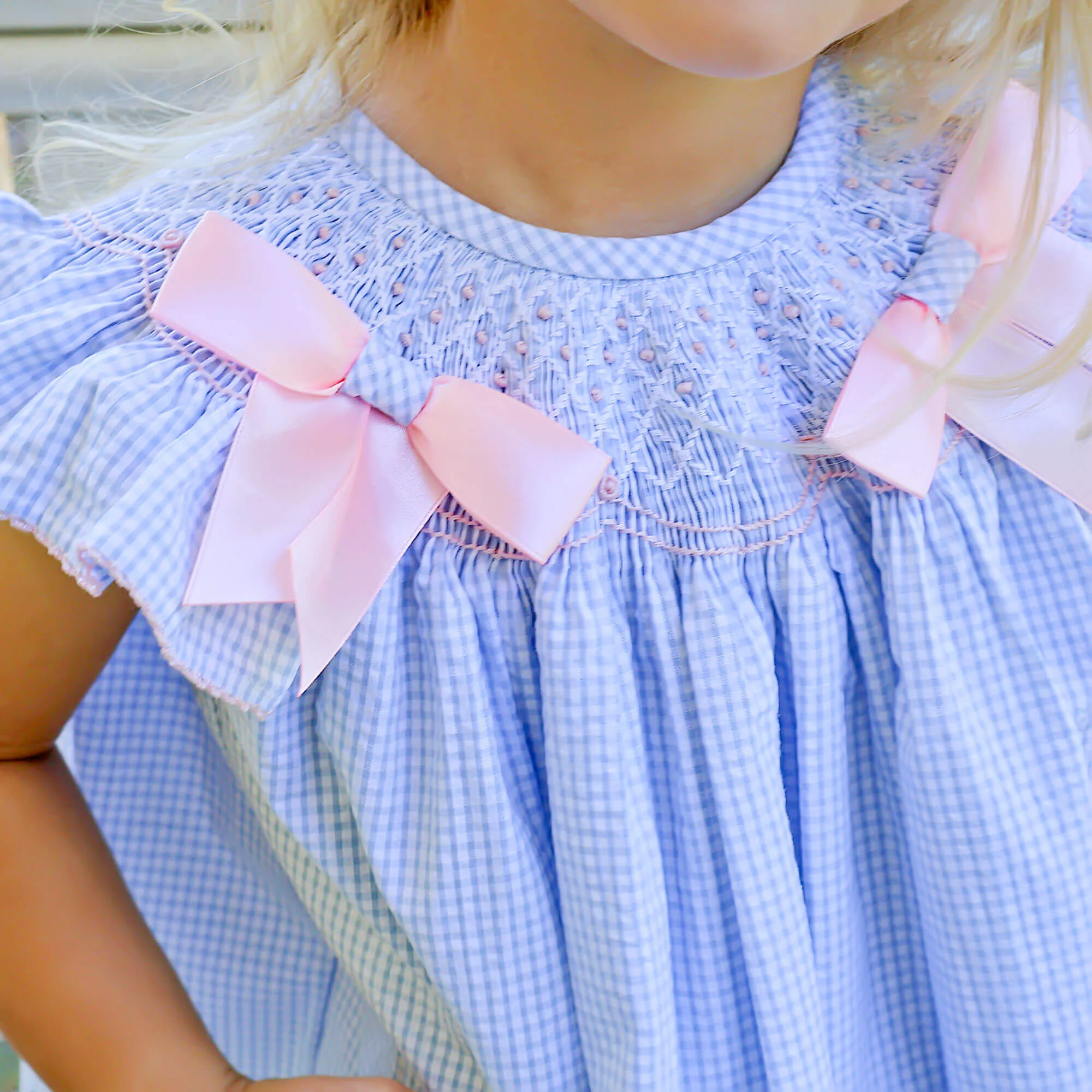 Spring In Blue Seersucker Smocked Bow Dress - Image 3