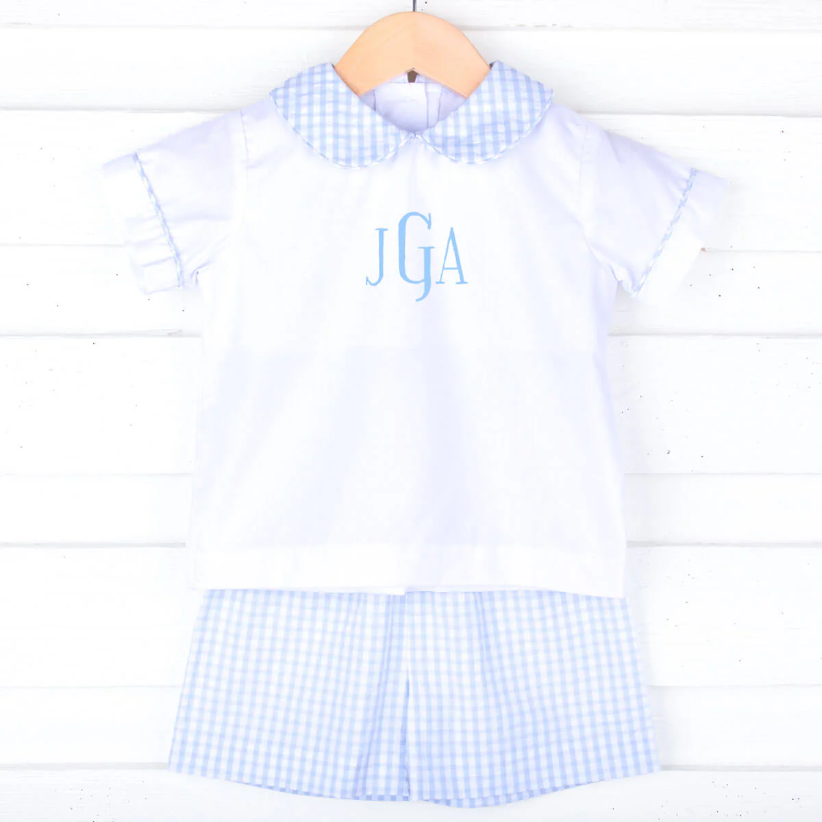 Light Blue Seersucker Check Collared Short Set - Image 2