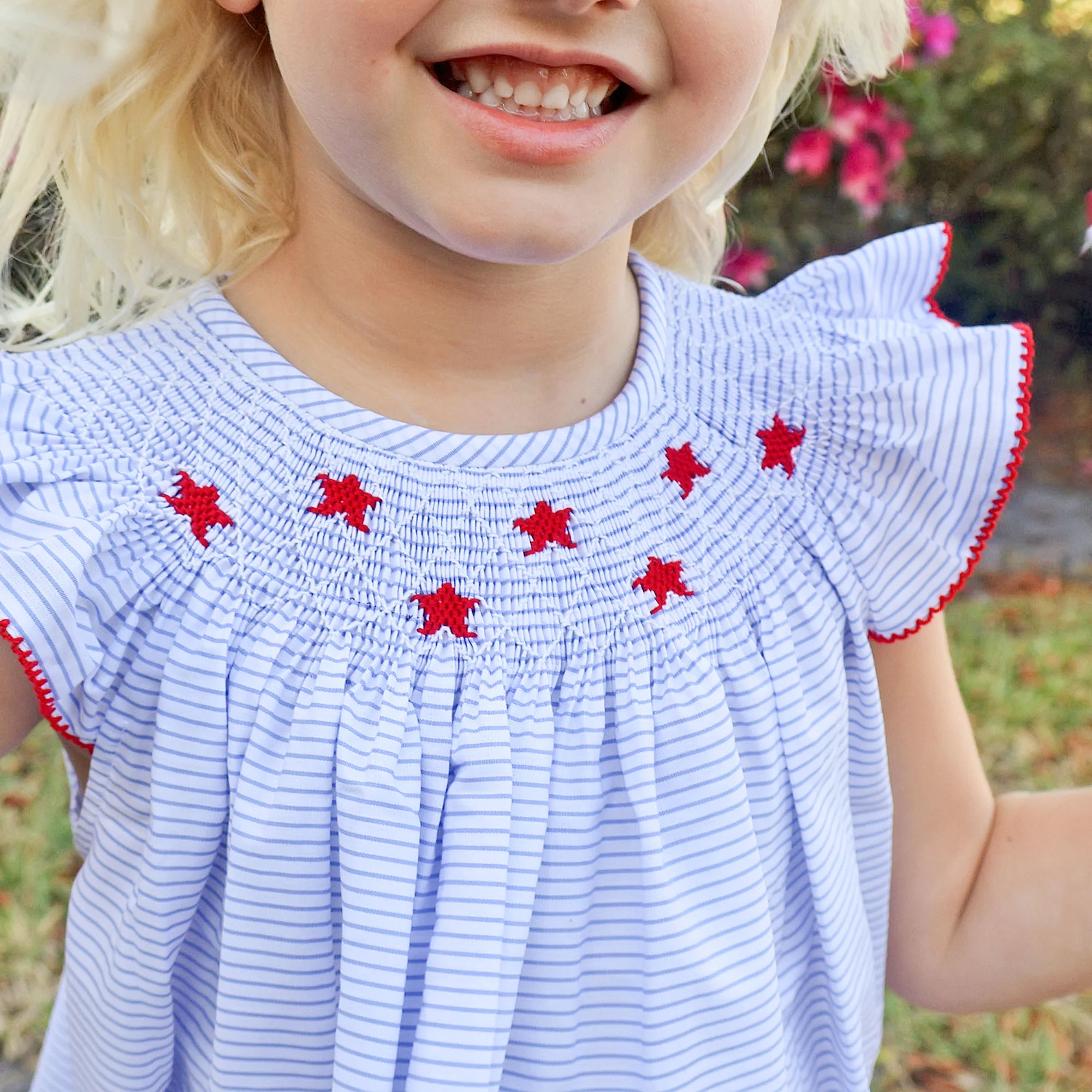 Stars and Stripes Light Blue Smocked Angel Sleeve Dress - Image 3