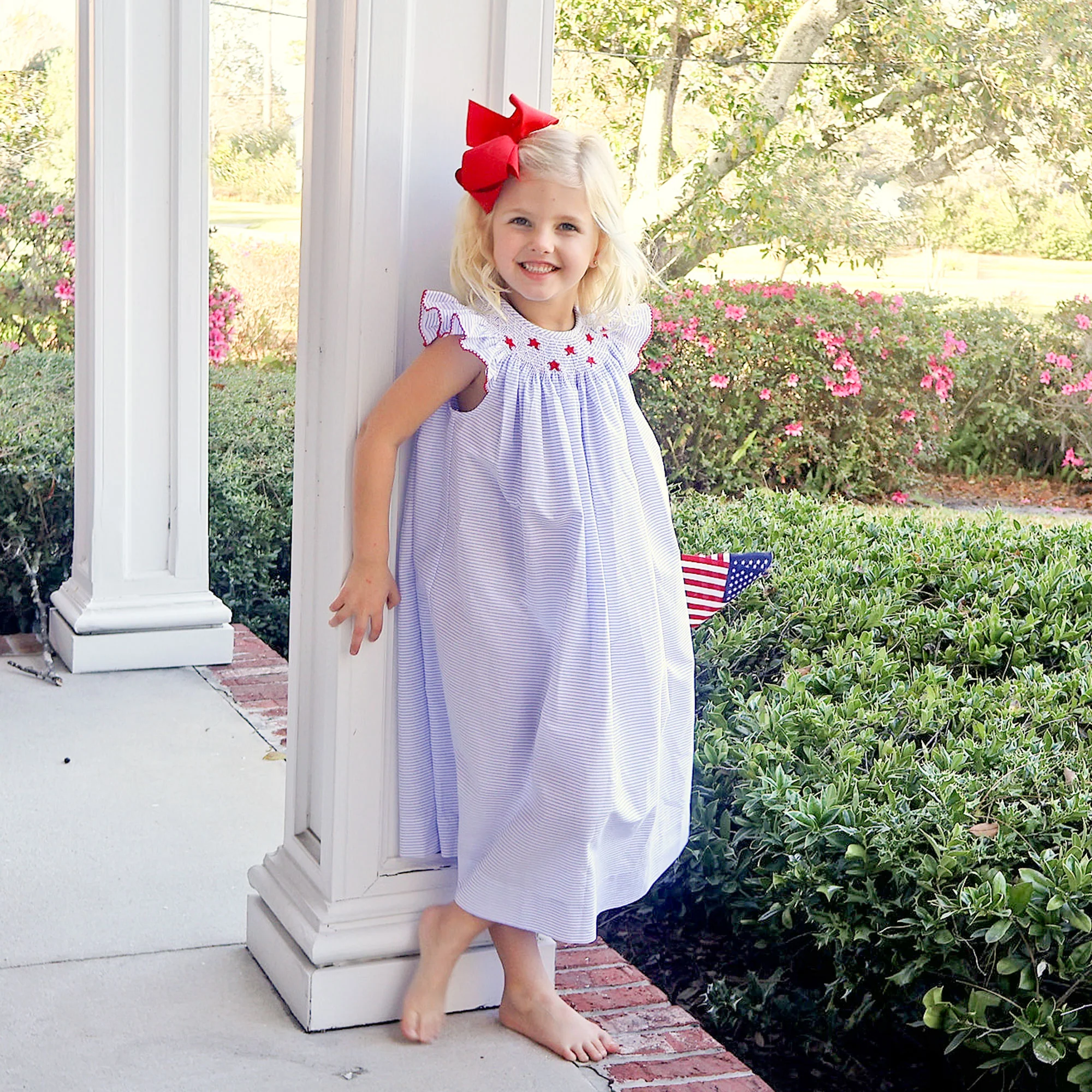 Stars and Stripes Light Blue Smocked Angel Sleeve Dress - Image 5