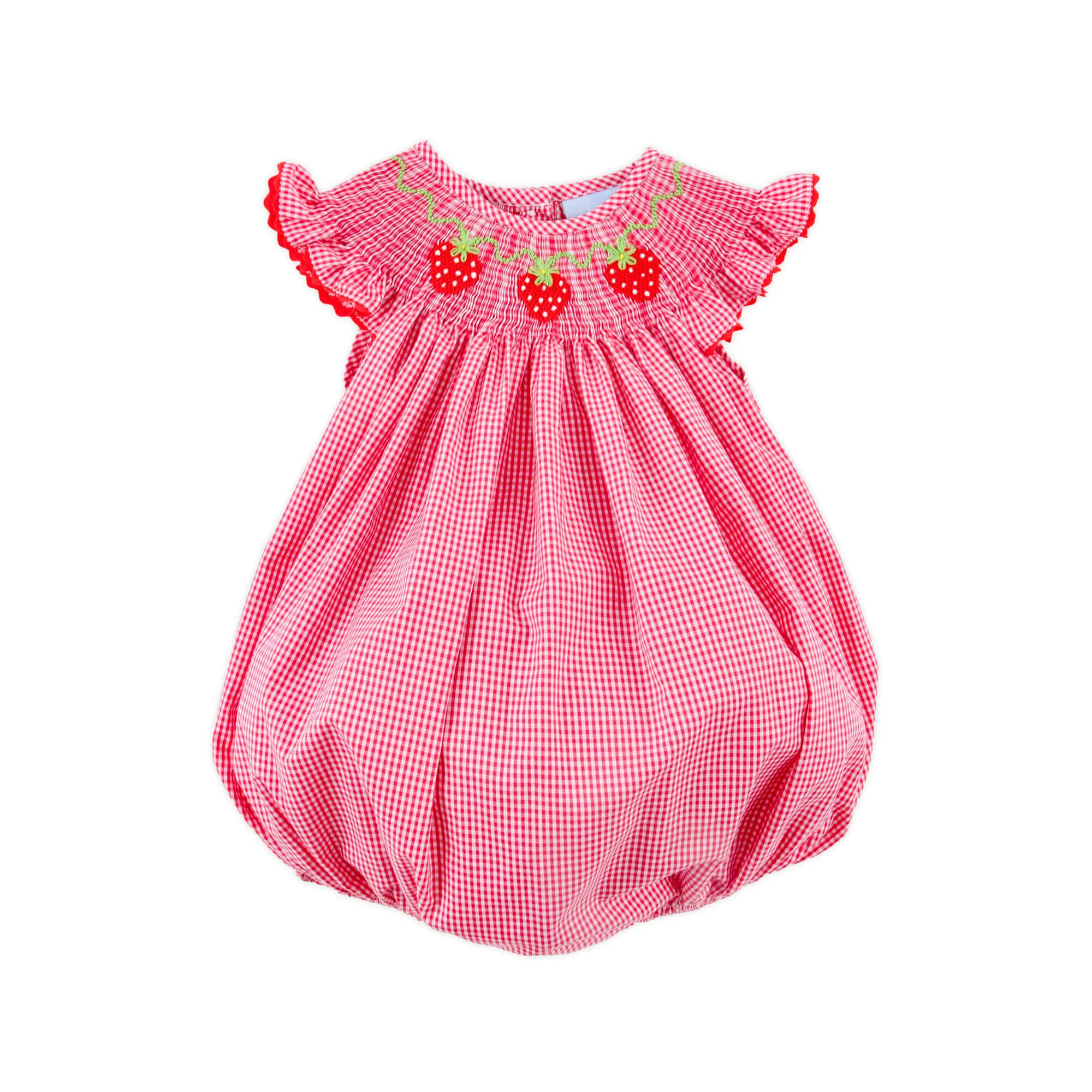 Strawberry Smocked Red Gingham Angel Sleeve Bubble - Image 2