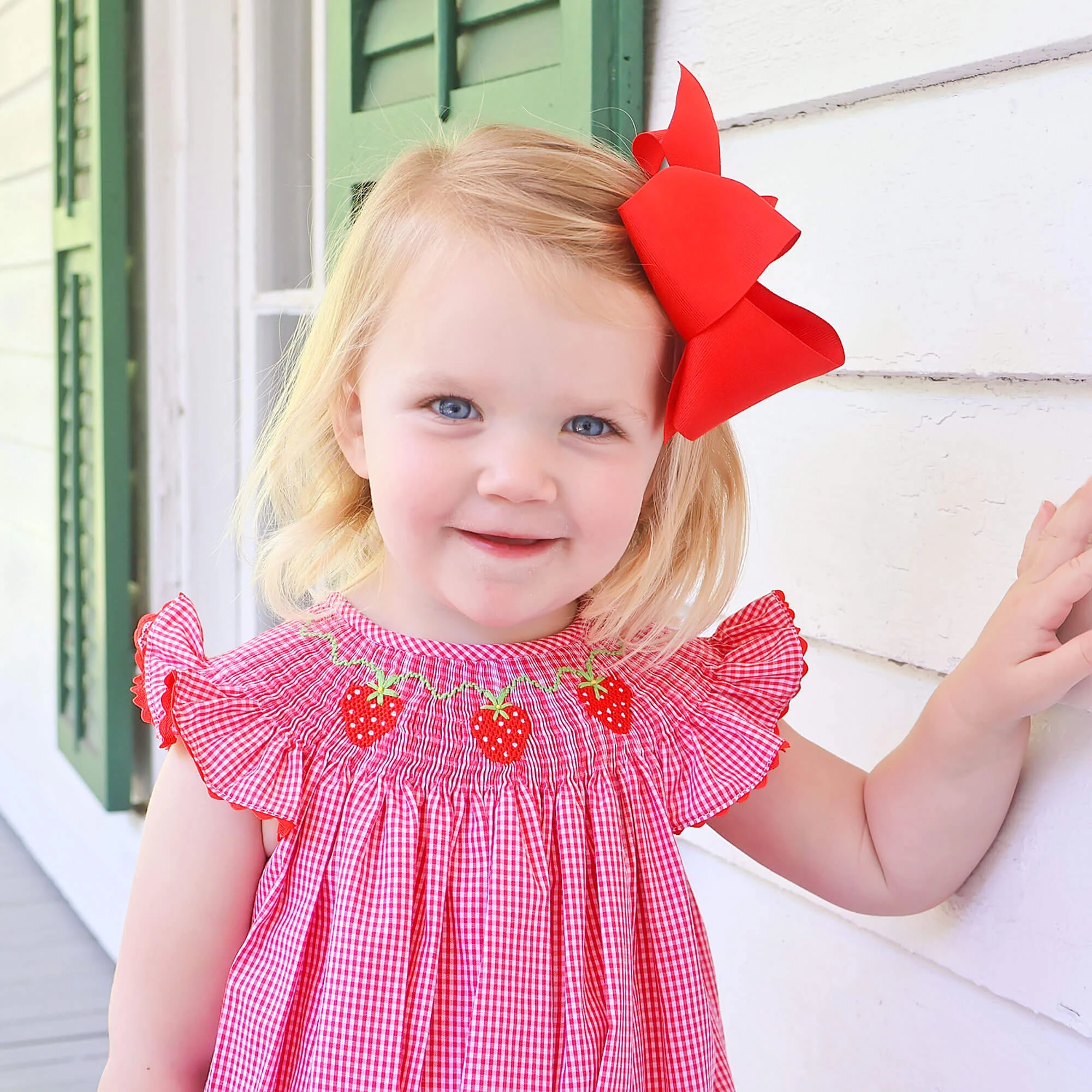Strawberry Smocked Red Gingham Angel Sleeve Bubble - Image 3
