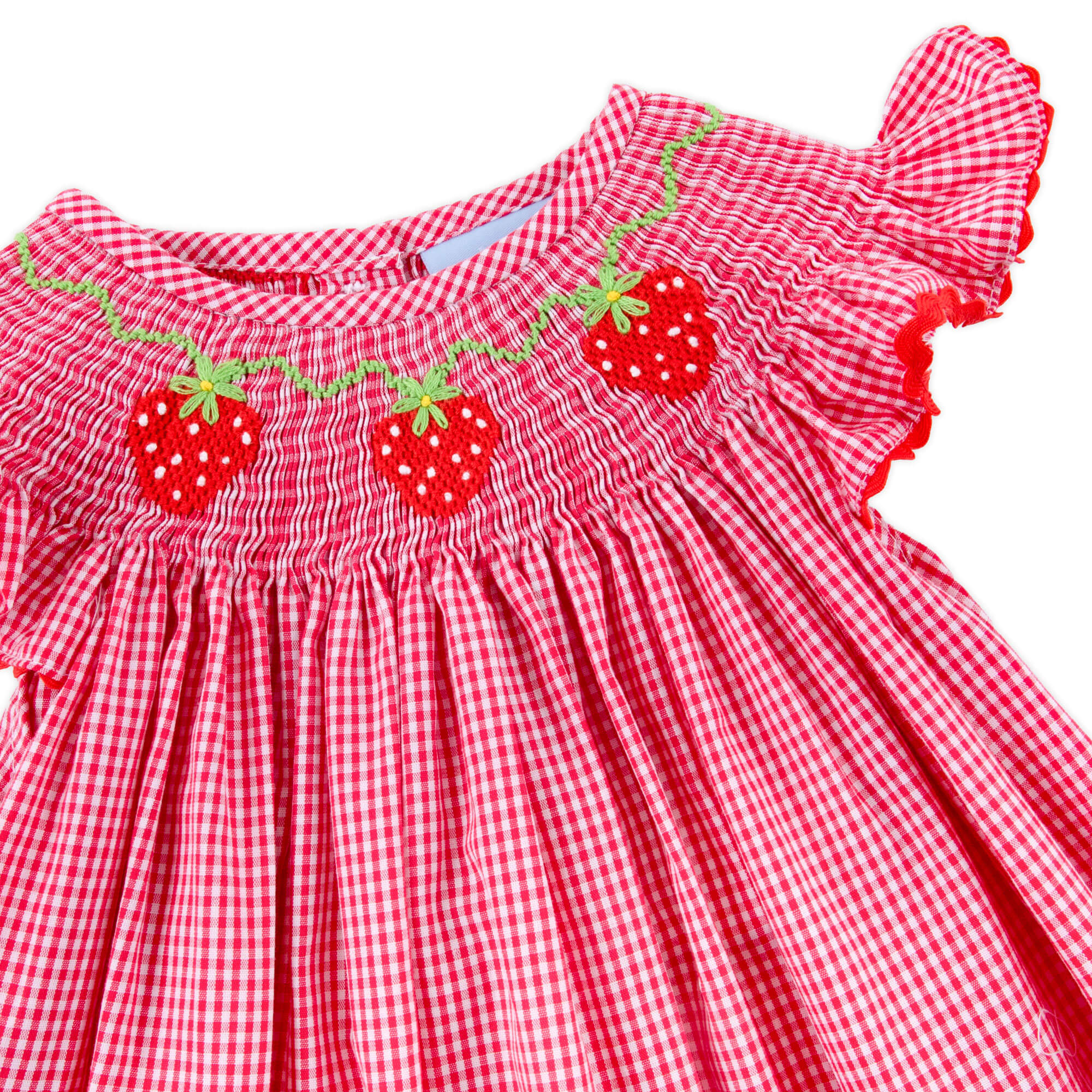Strawberry Smocked Red Gingham Angel Sleeve Bubble - Image 4