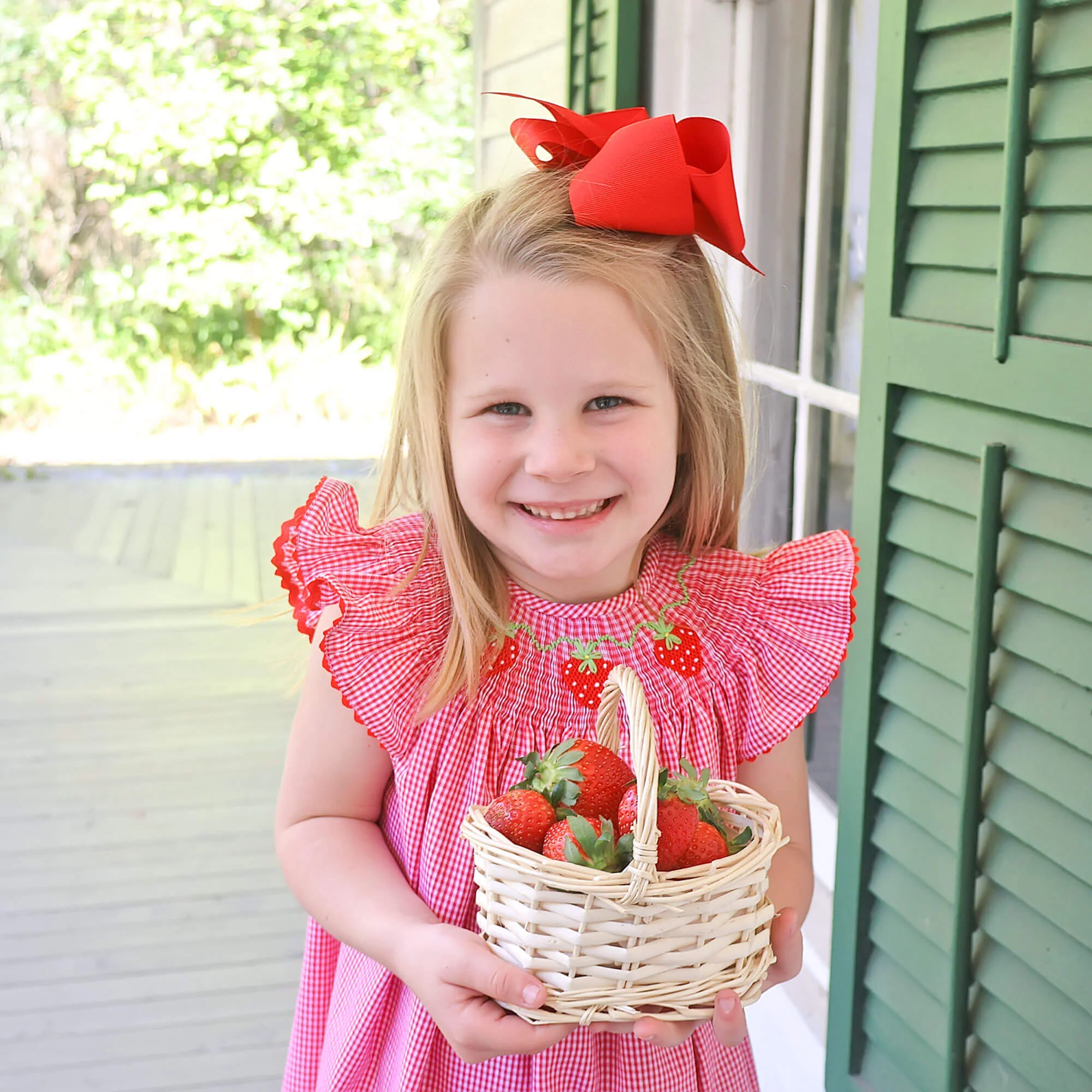 Strawberry Smocked Red Gingham Angel Sleeve Dress - Image 3
