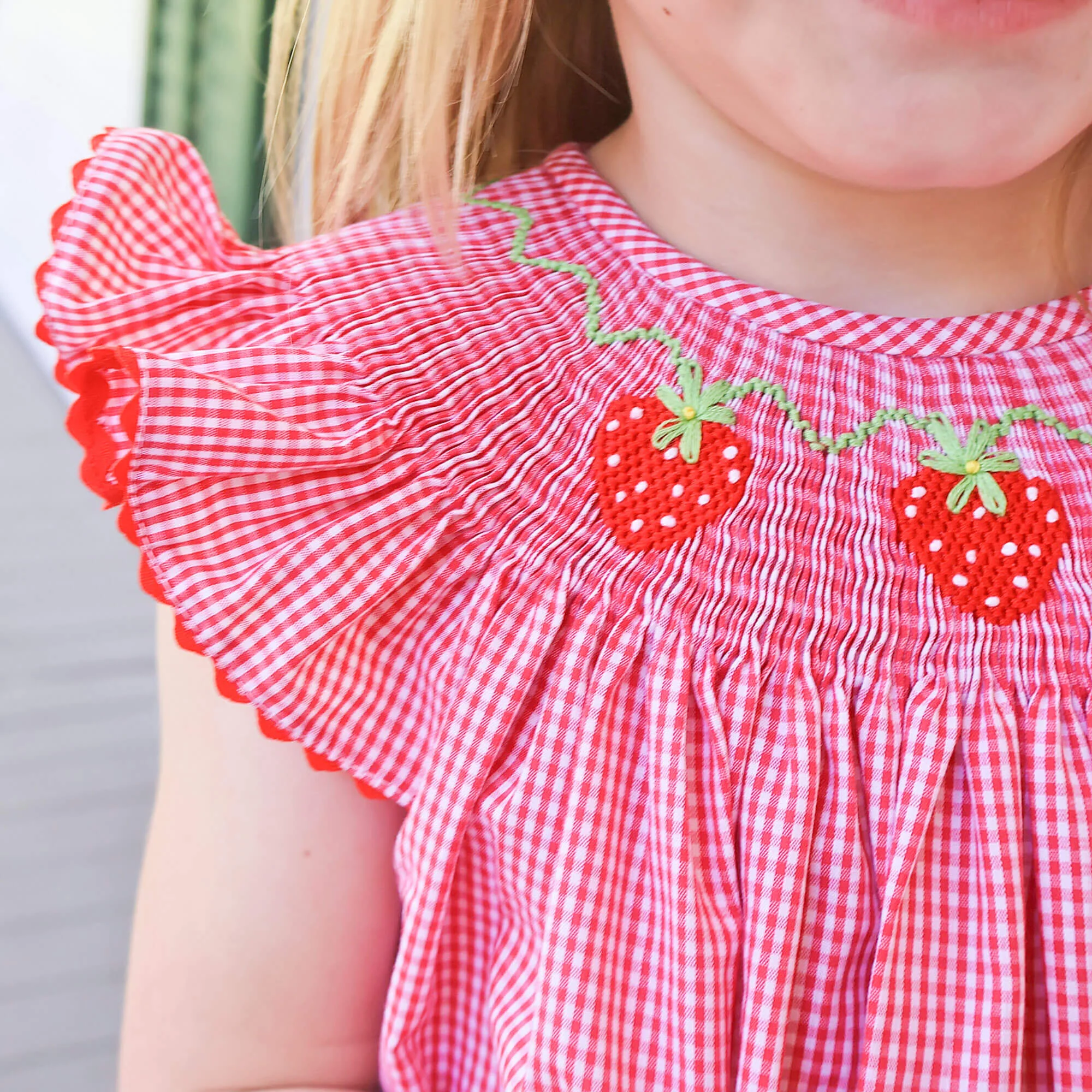 Strawberry Smocked Red Gingham Angel Sleeve Dress - Image 5