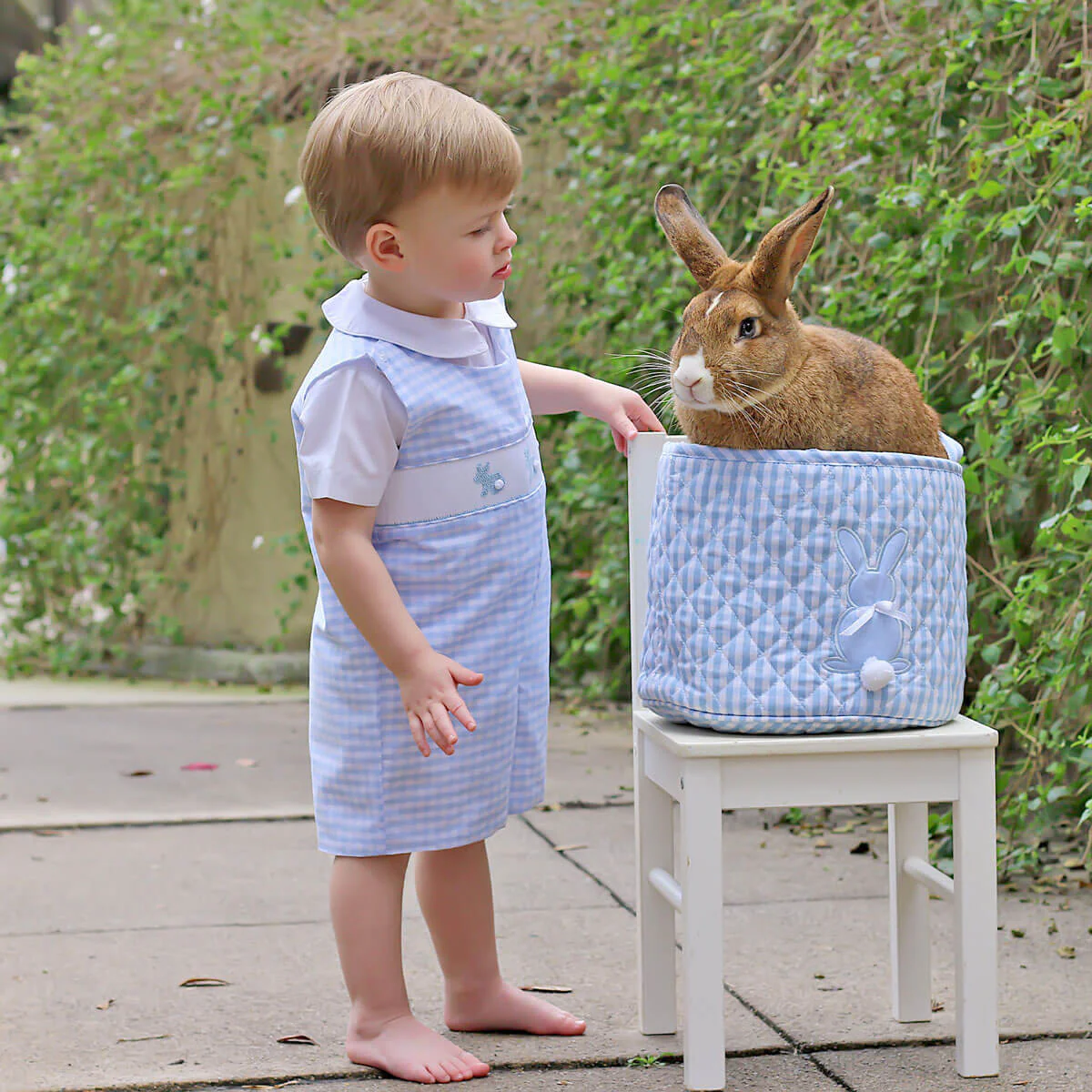 Light Blue Check Bunny Smocked Jon Jon - Image 3