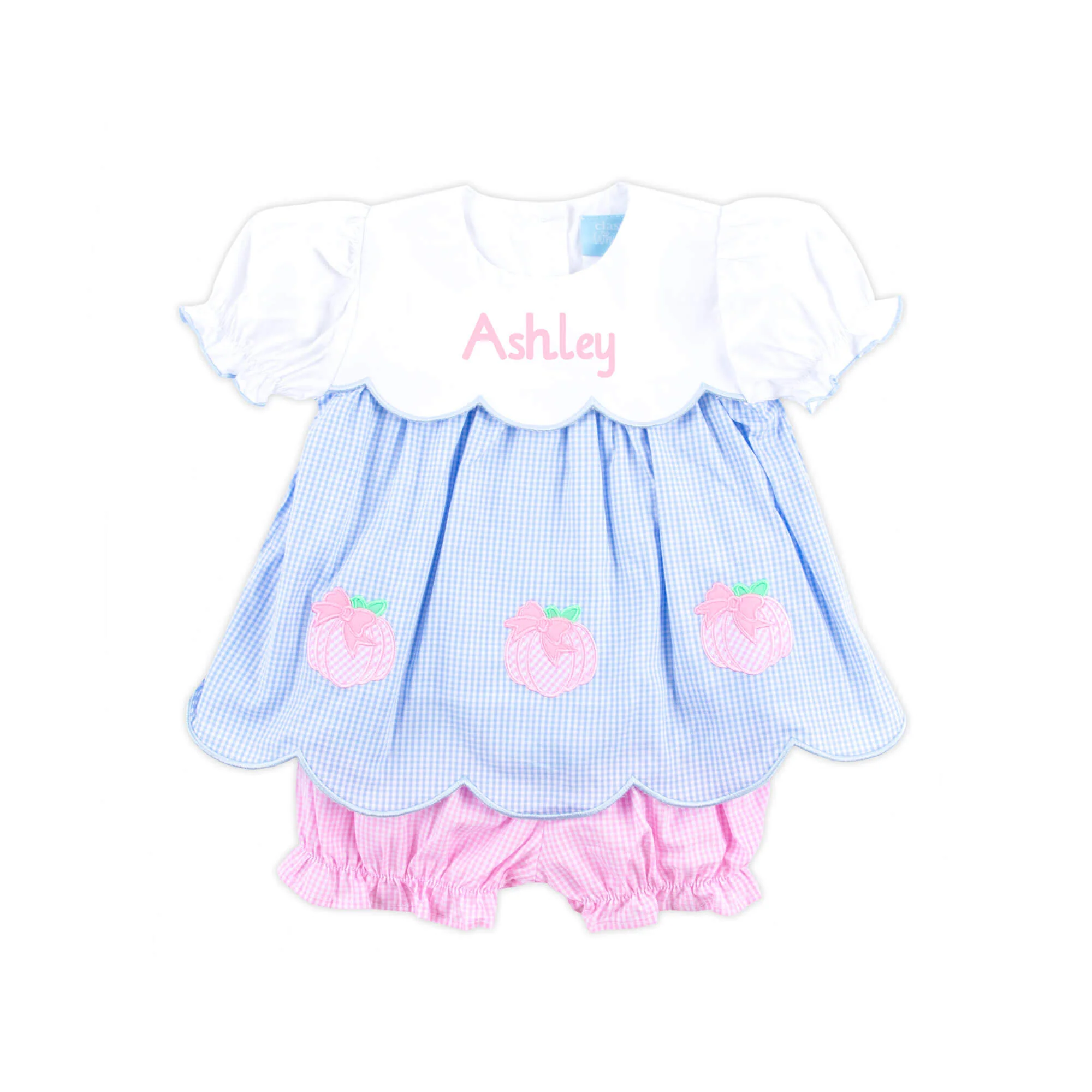 Sweet Pumpkin Bow Light Blue Gingham Amelia Bloomer Set - Image 2