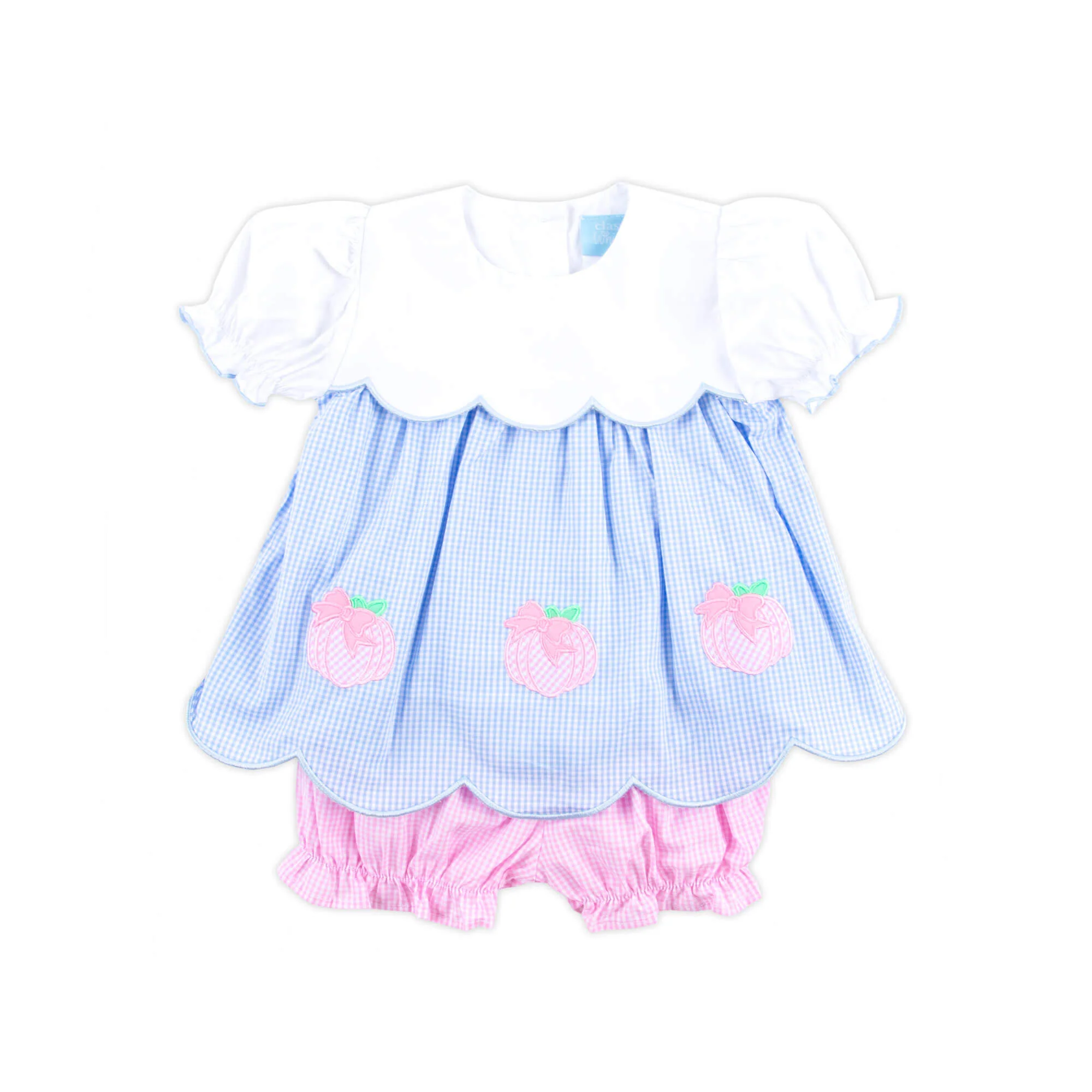 Sweet Pumpkin Bow Light Blue Gingham Amelia Bloomer Set - Image 4