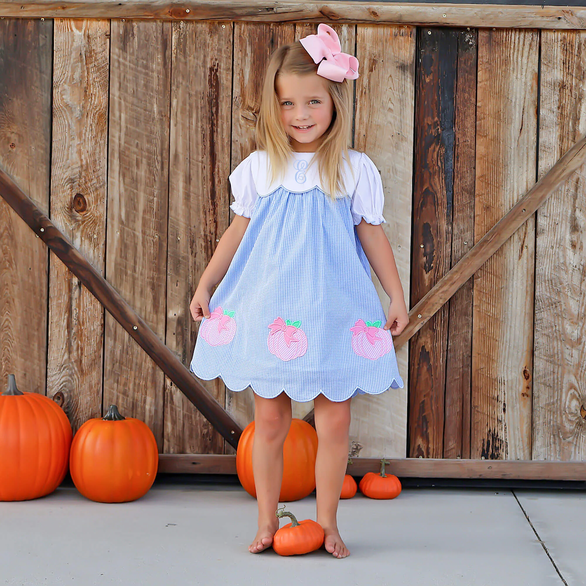 Sweet Pumpkin Bow Light Blue Gingham Amelia Dress - Image 3