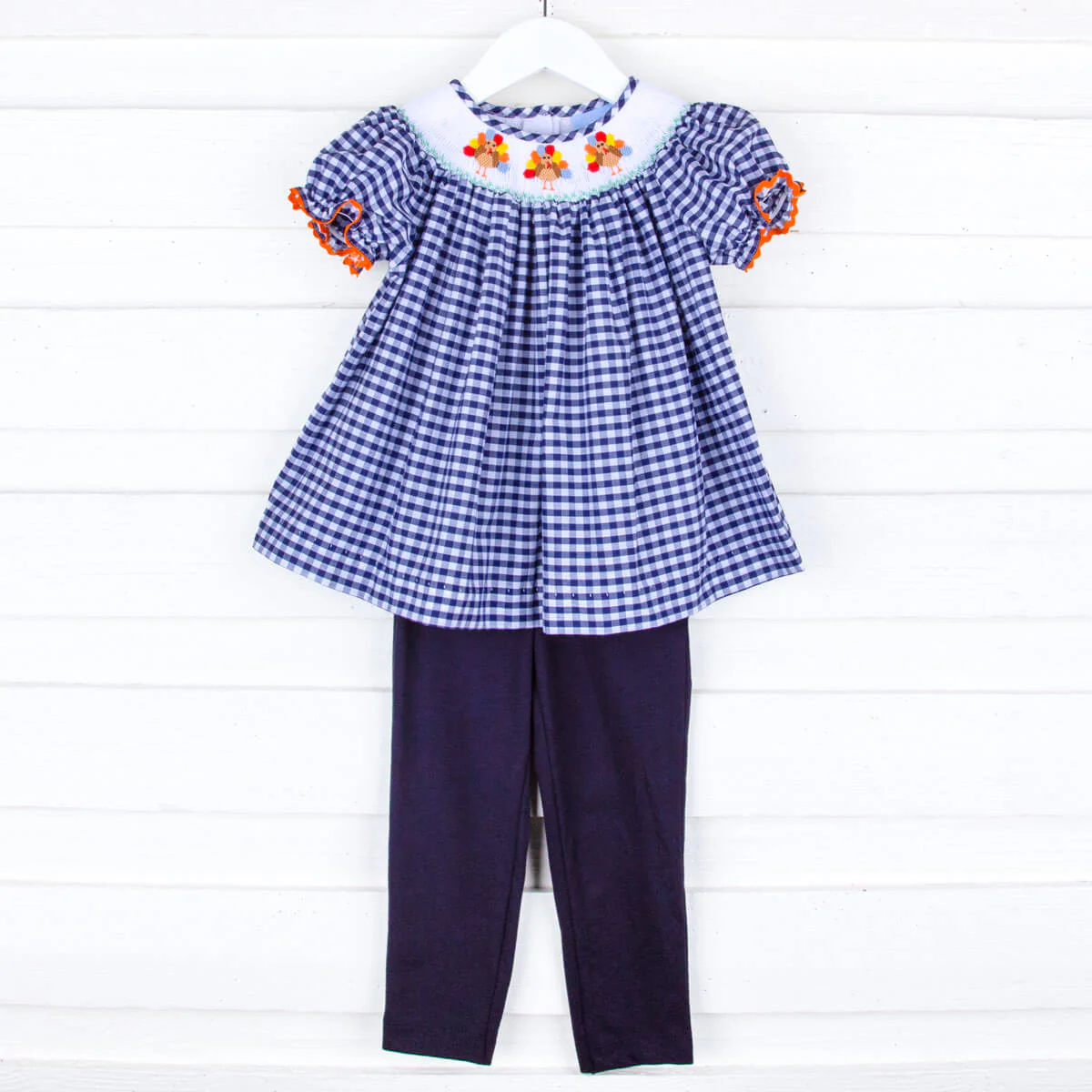 Sweet Turkey Navy Gingham Smocked Bishop Legging Set - Image 3