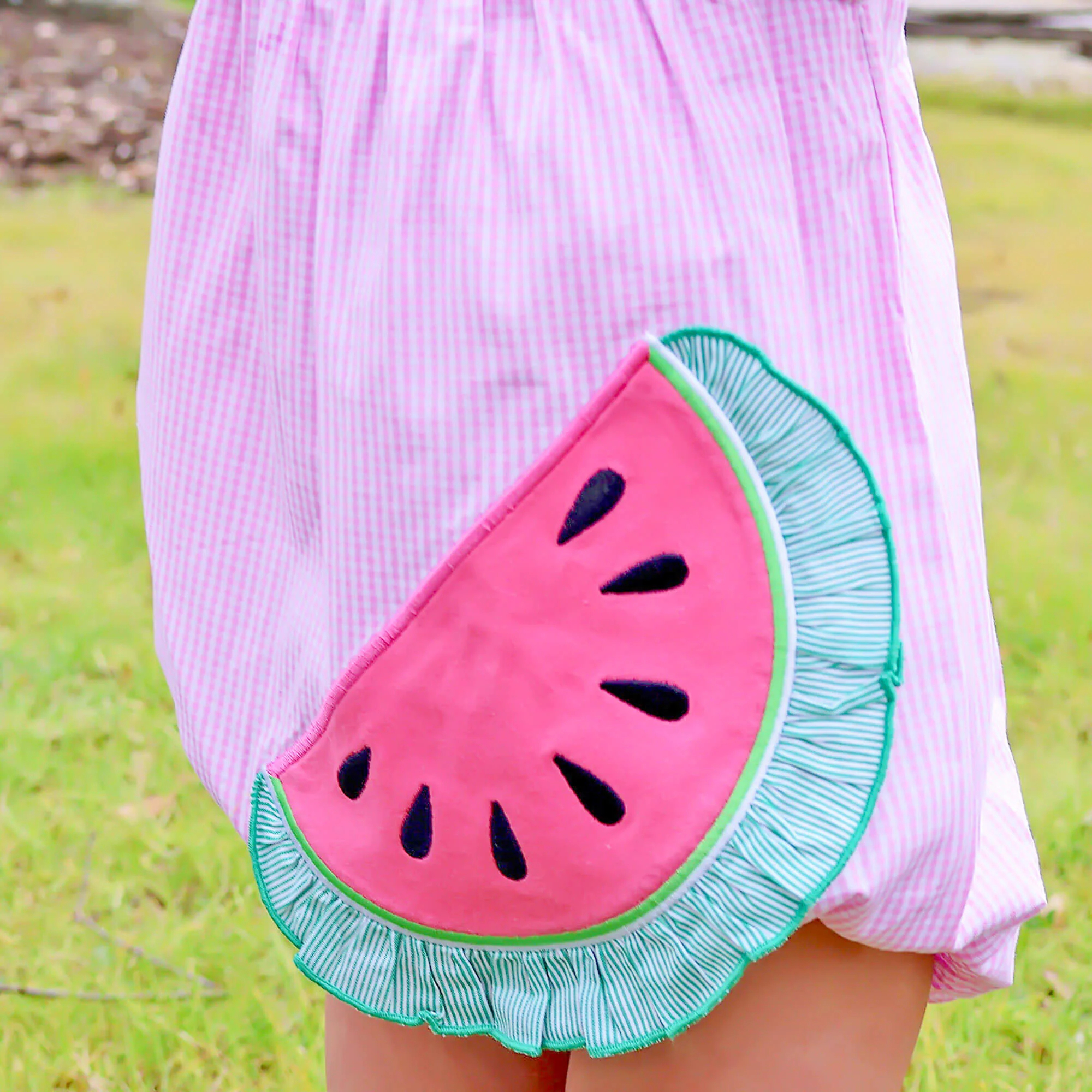 Sweet Watermelon Applique Pink Gingham Lulu Bubble - Image 3