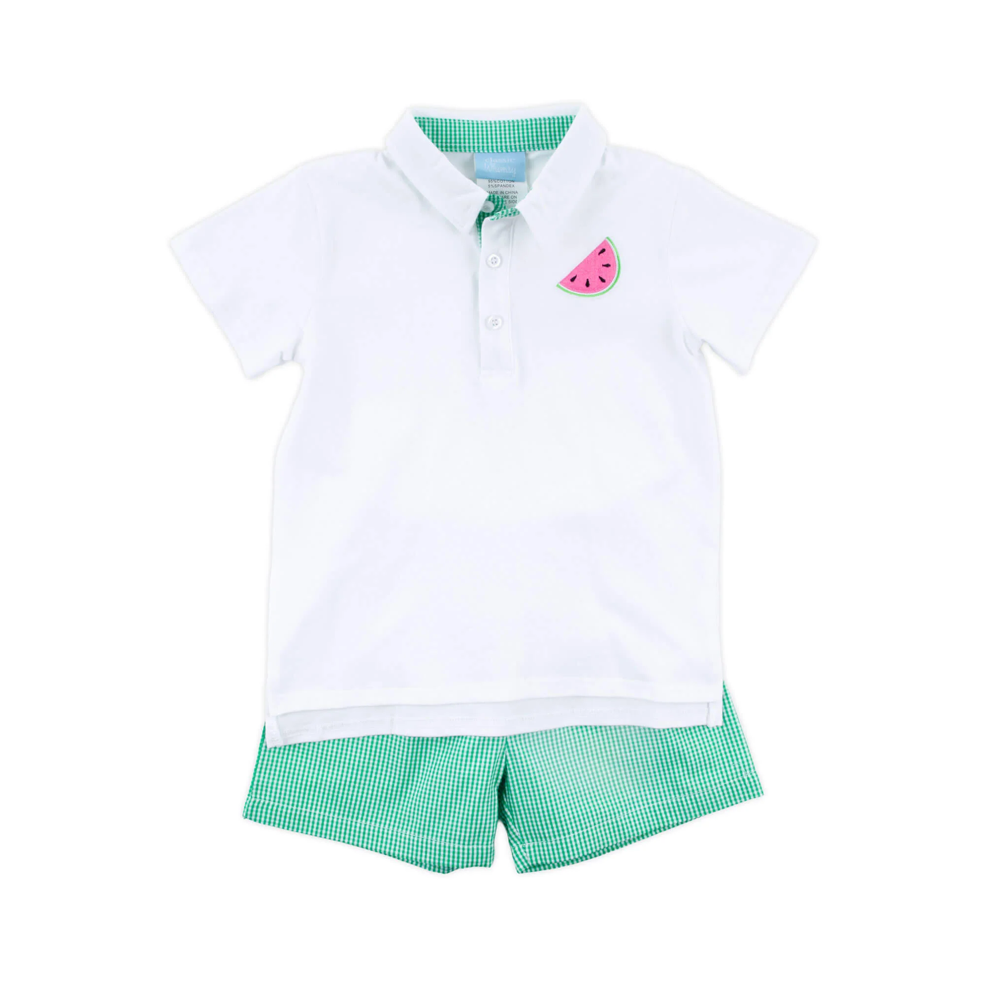 Sweet Watermelon Embroidered Green Gingham Polo Short Set - Image 3