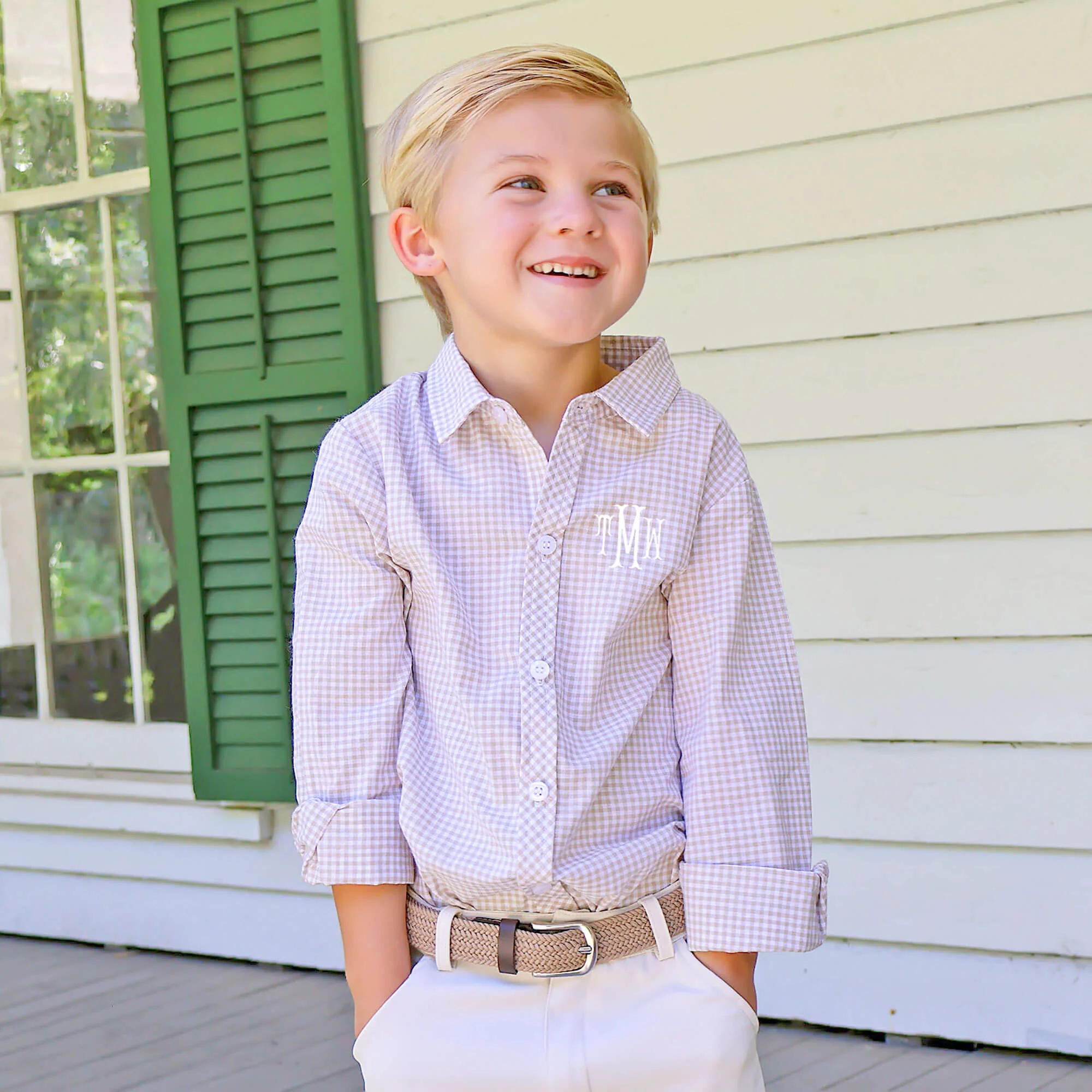 Gingham Button Down Shirt Tan - Image 2