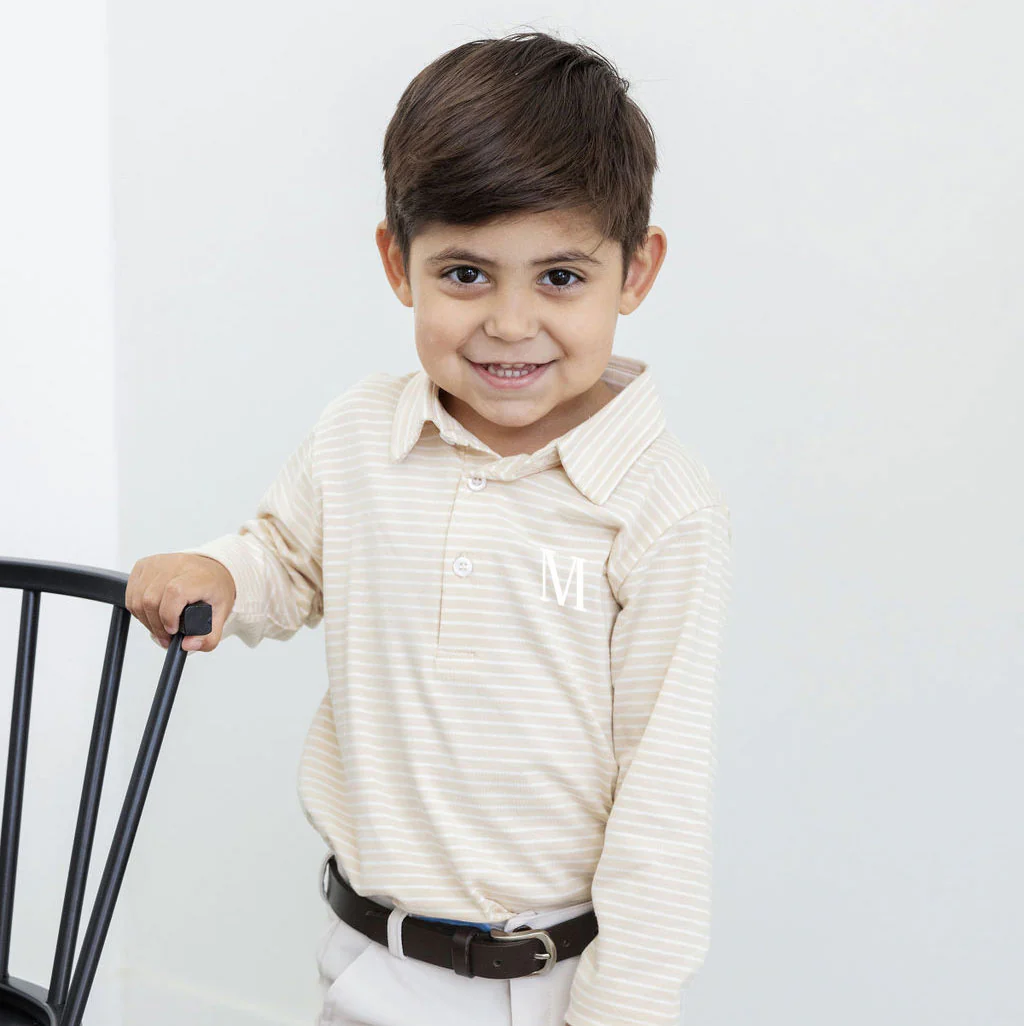 Tan Stripe Long Sleeve Polo - Image 2