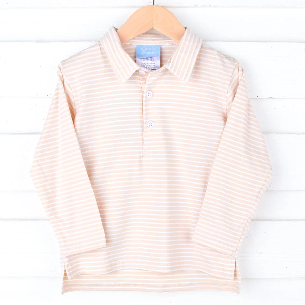 Tan Stripe Long Sleeve Polo - Image 3