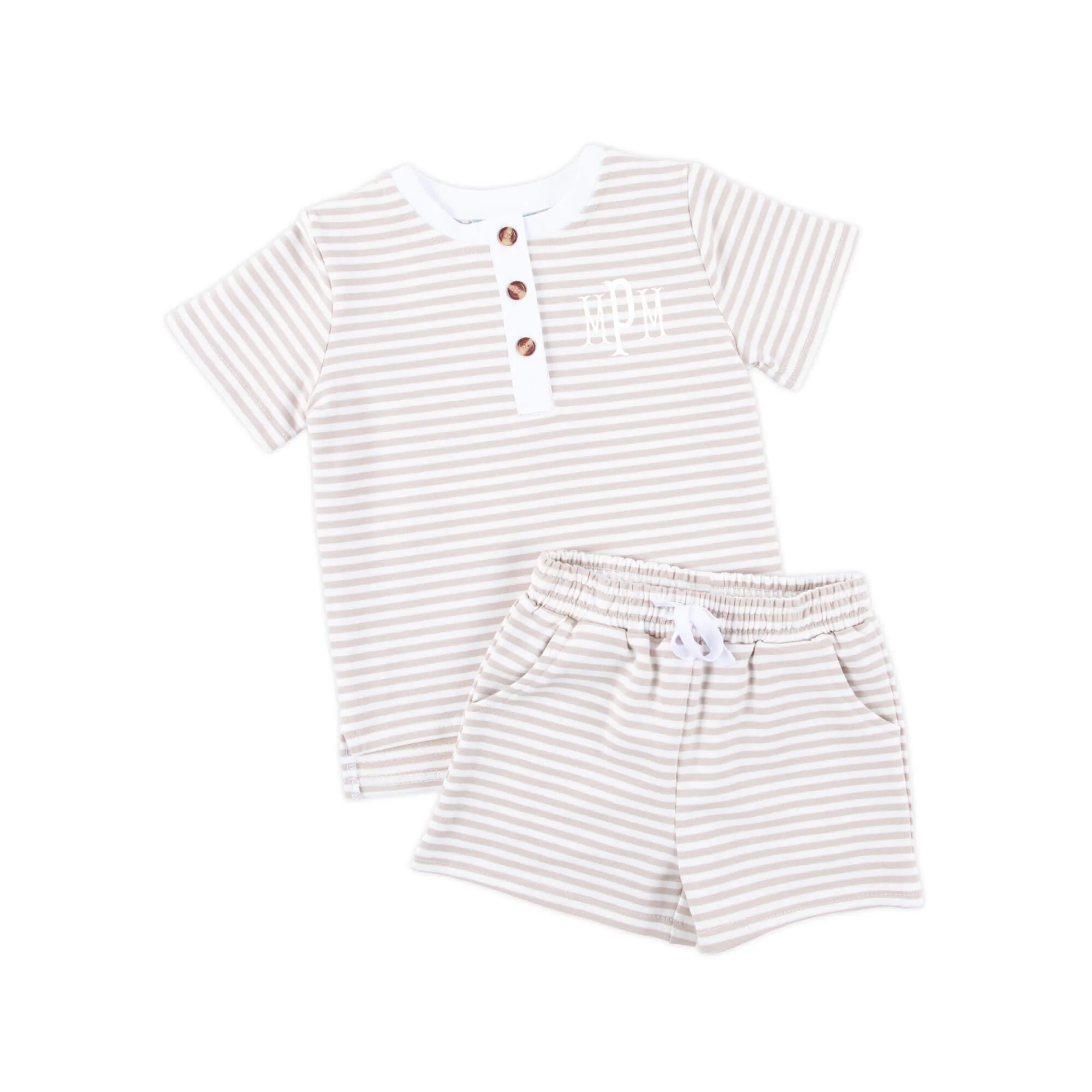 Tan Stripe Terry Henley Short Set - Image 2
