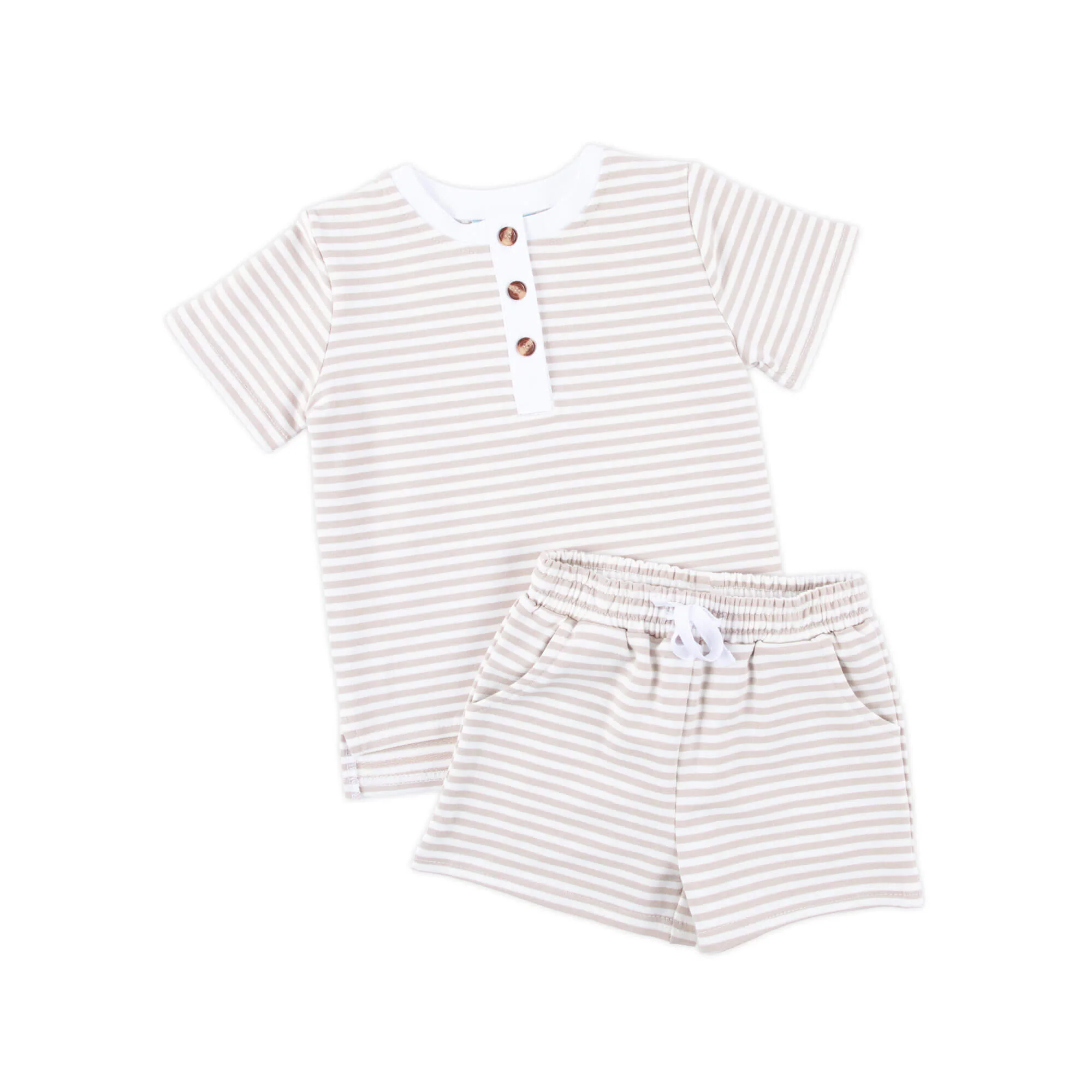 Tan Stripe Terry Henley Short Set - Image 4