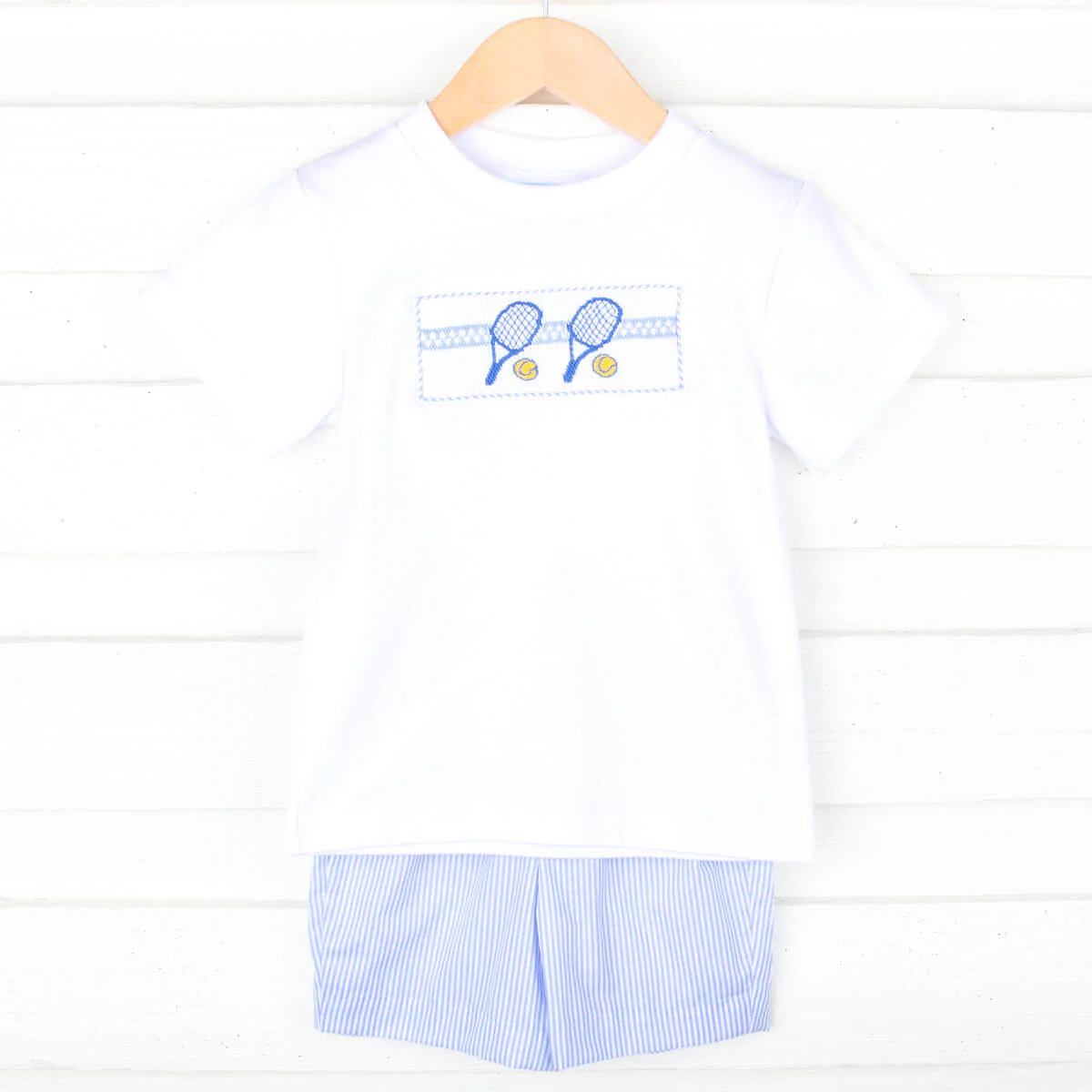 Tennis Racquet Blue Stripe Stripe Smocked Short Set - Image 2