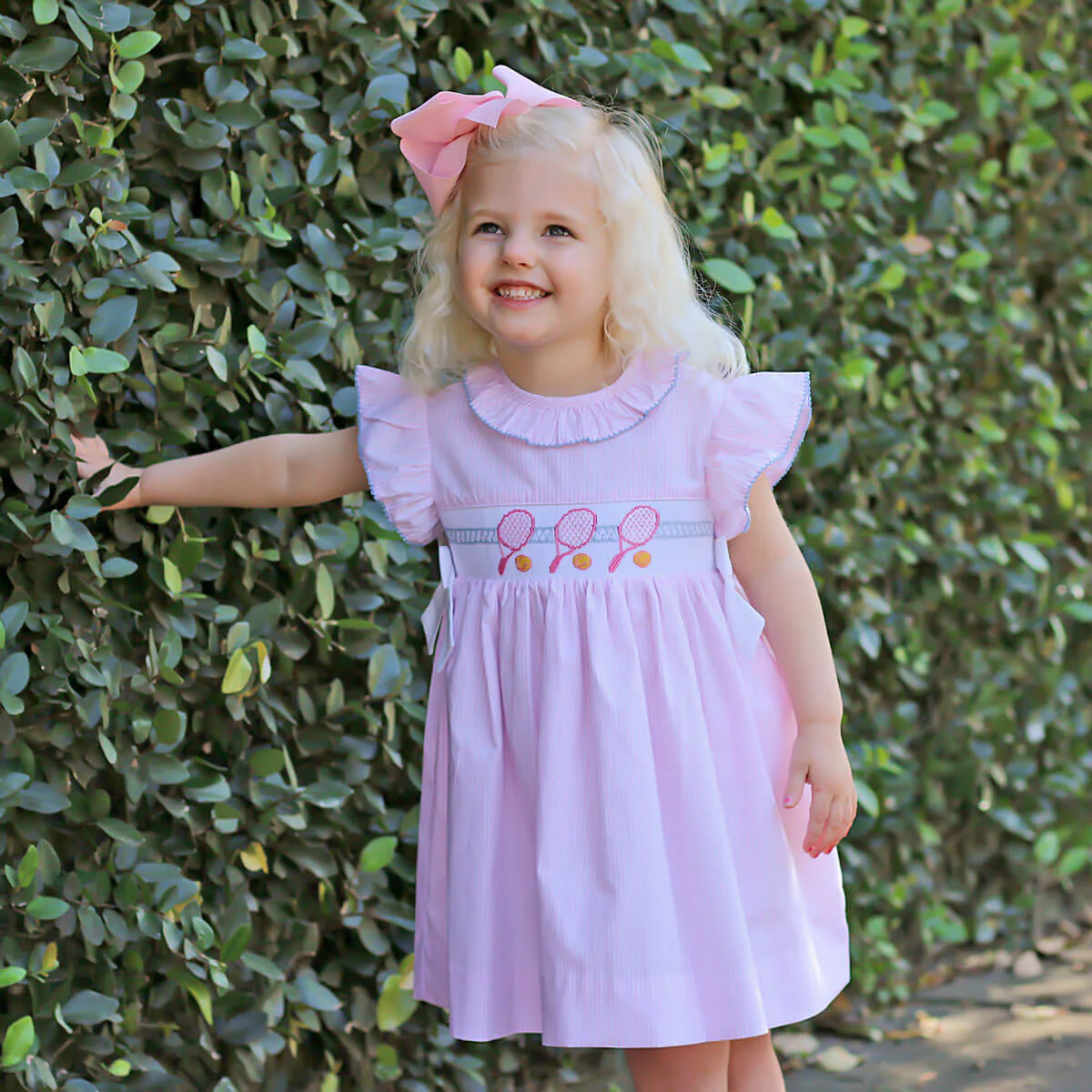Tennis Racquet Pink Stripe Smocked Beverly Dress - Image 2