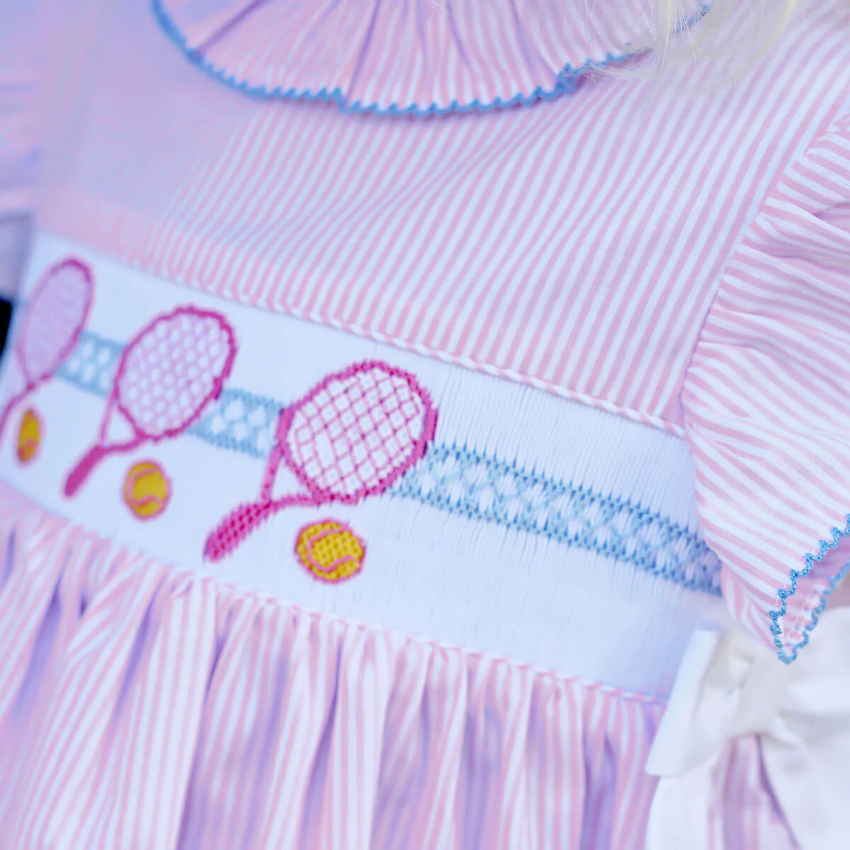 Tennis Racquet Pink Stripe Smocked Beverly Dress - Image 3