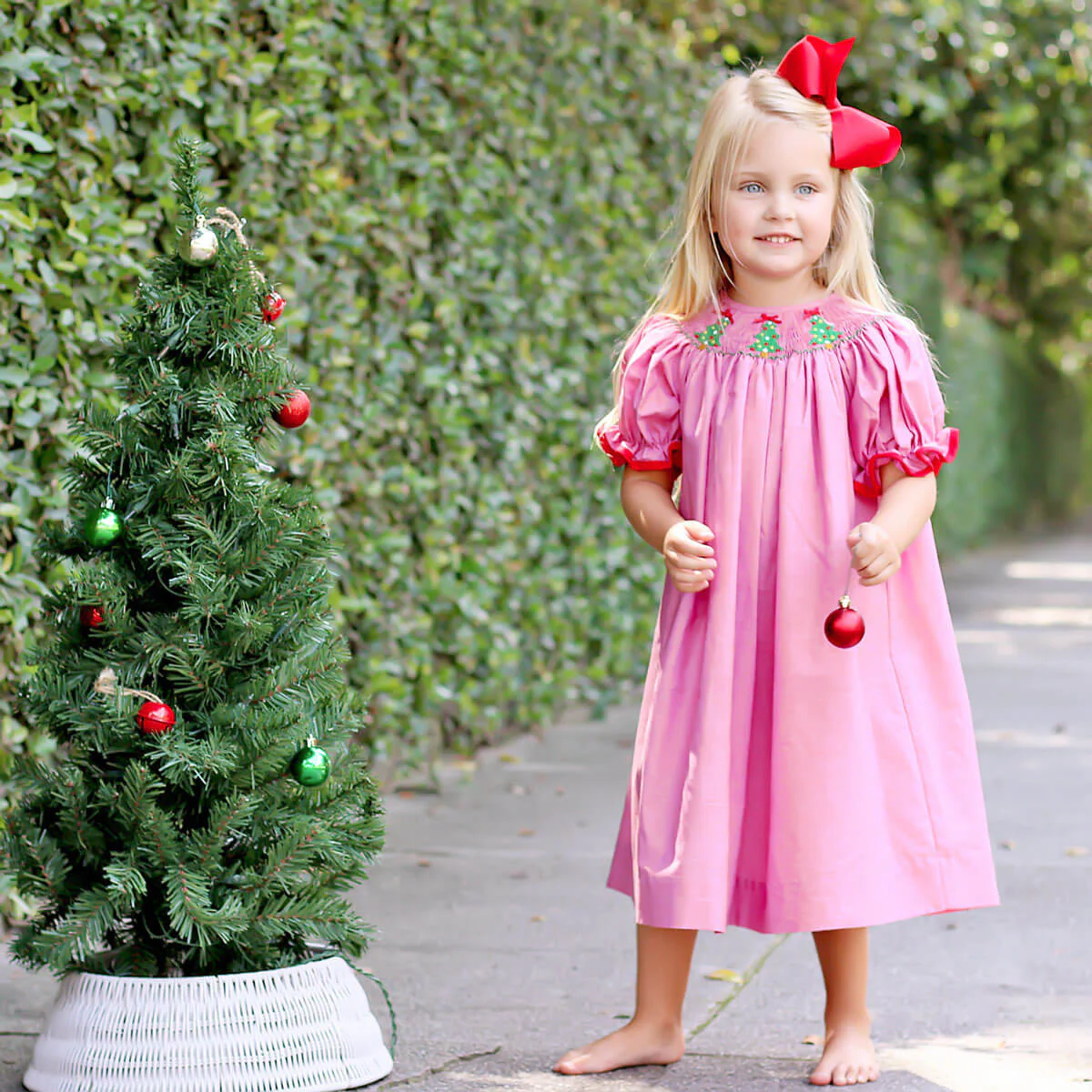Twinkly Tree Red Smocked Bishop Dress - Image 6