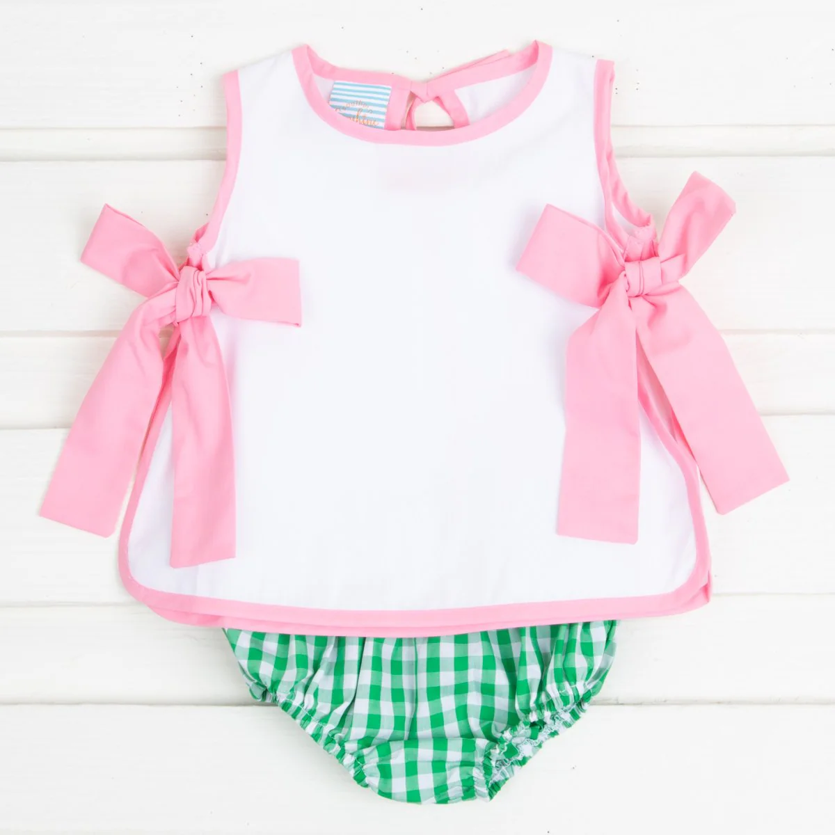 Side Tie Bloomer Set Pink and Green Check - Image 2